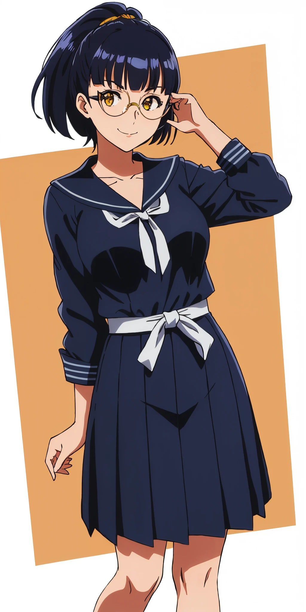 Young woman drawn in 80’s anime art style. 
Retro anime. Vintage Anime. Classical Anime. 
Black Blue HAIR
Top Knot Hime Cut Hair
(Round Glasses)
(Round and Circle eyes)
(Yellow eyes)
(Medium Sized Eyebrows)
(Light Tan Woman)
(Medium Breast)
Seductive Smile

She is wearing a sailor fuku (セーラー服, sērā fuku, sailor outfit) is a common style of uniform worn by women, traditionally by high school female students. 

The uniform generally consists of a blouse attached with a navy blue sailor-style collar and a Dark Navy Blue Sailor Blouse. The length of the long skirt goes down past her ankle.

A ribbon is tied in the front and laced through a loop attached to the blouse. The color is the ribbon is red.

(Dark Navy Blue Sailor Shirt)
(Dark Navy Pleated Skirt)

(Solo)
Location: High School 