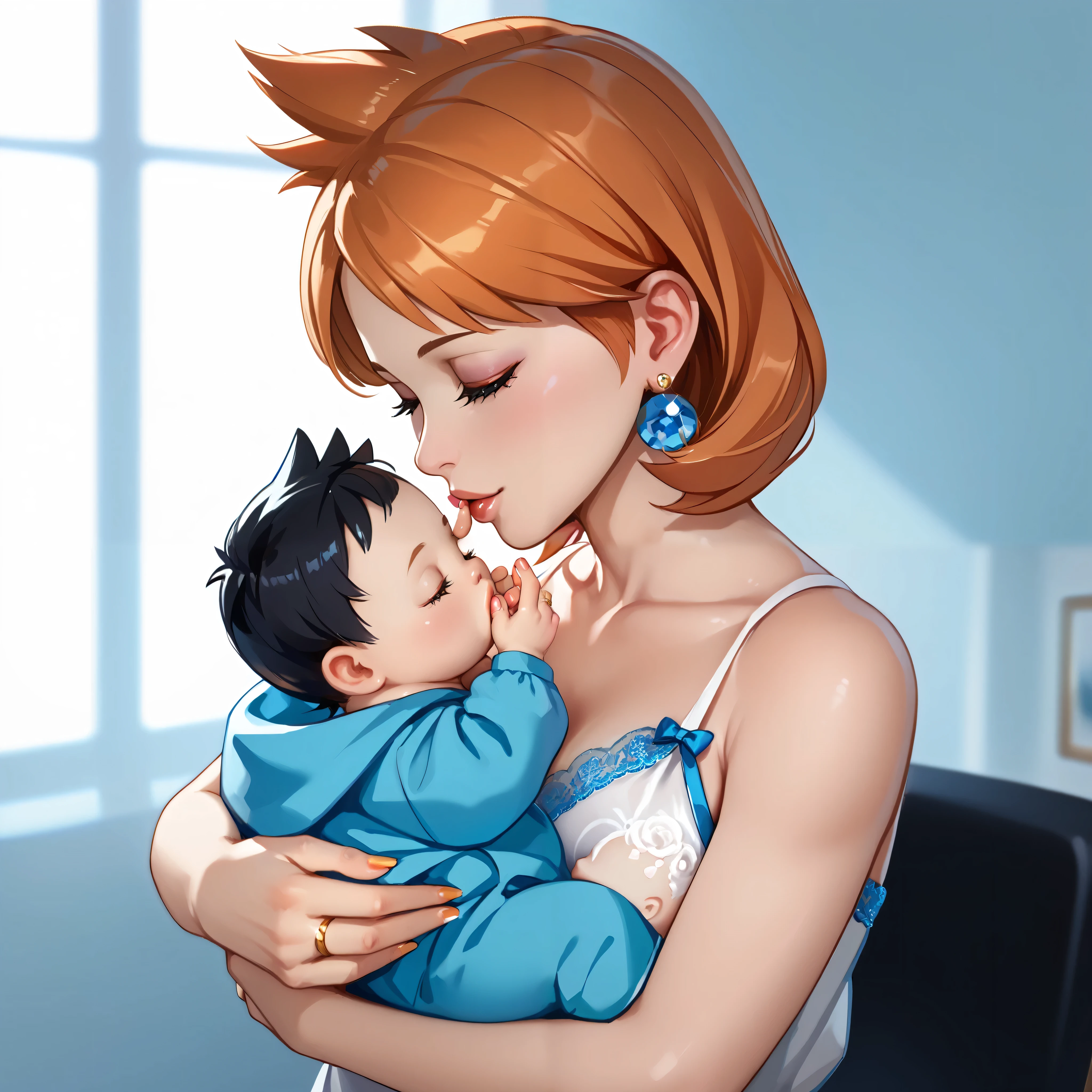 highly detailed, (duo focus), highres, 1woman, 1baby, BREAK, 1woman, Misty_G2, orange hair, gold wedding ring, ring on ring finger, blue teardrop earrings, blouse, holding baby, BREAK, 1baby, black hair, baby black hair, mother with baby, baby carry, swaddled, kiss to forehead,