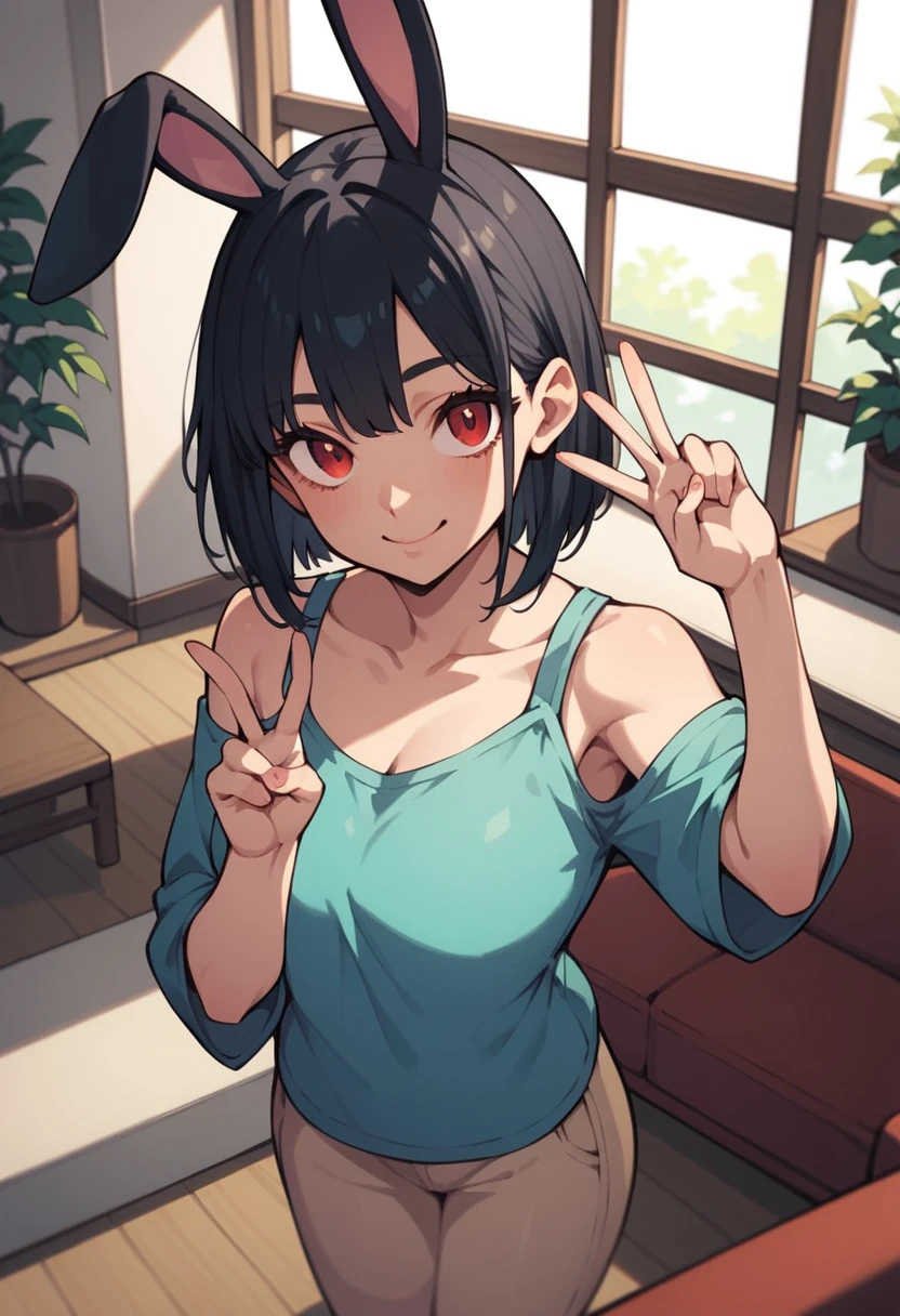 masterpiece, best quality, woman, making a peace sign, looking at viewer, jitome, fair skin, anime, upper body, from above, in the living room, bob, black hair, red eyes, bunny girl