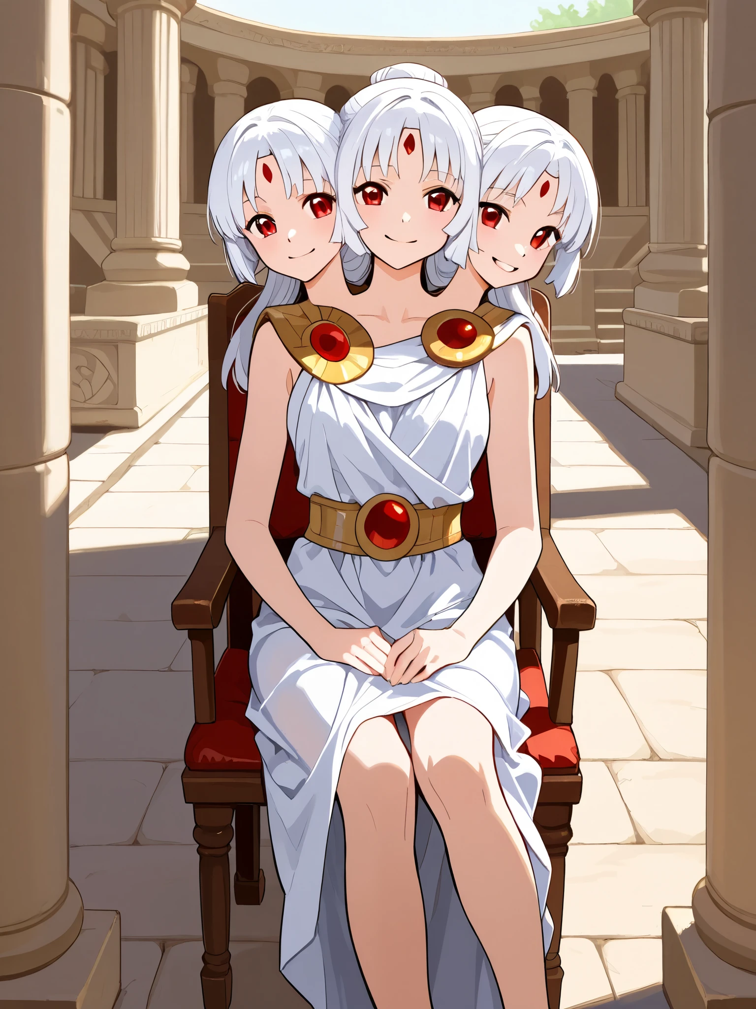 anime girl with three heads, sitting in a chair, white hair, different hairstyles, red eyes, greek clothes, smiling, relaxed, room in a greek temple