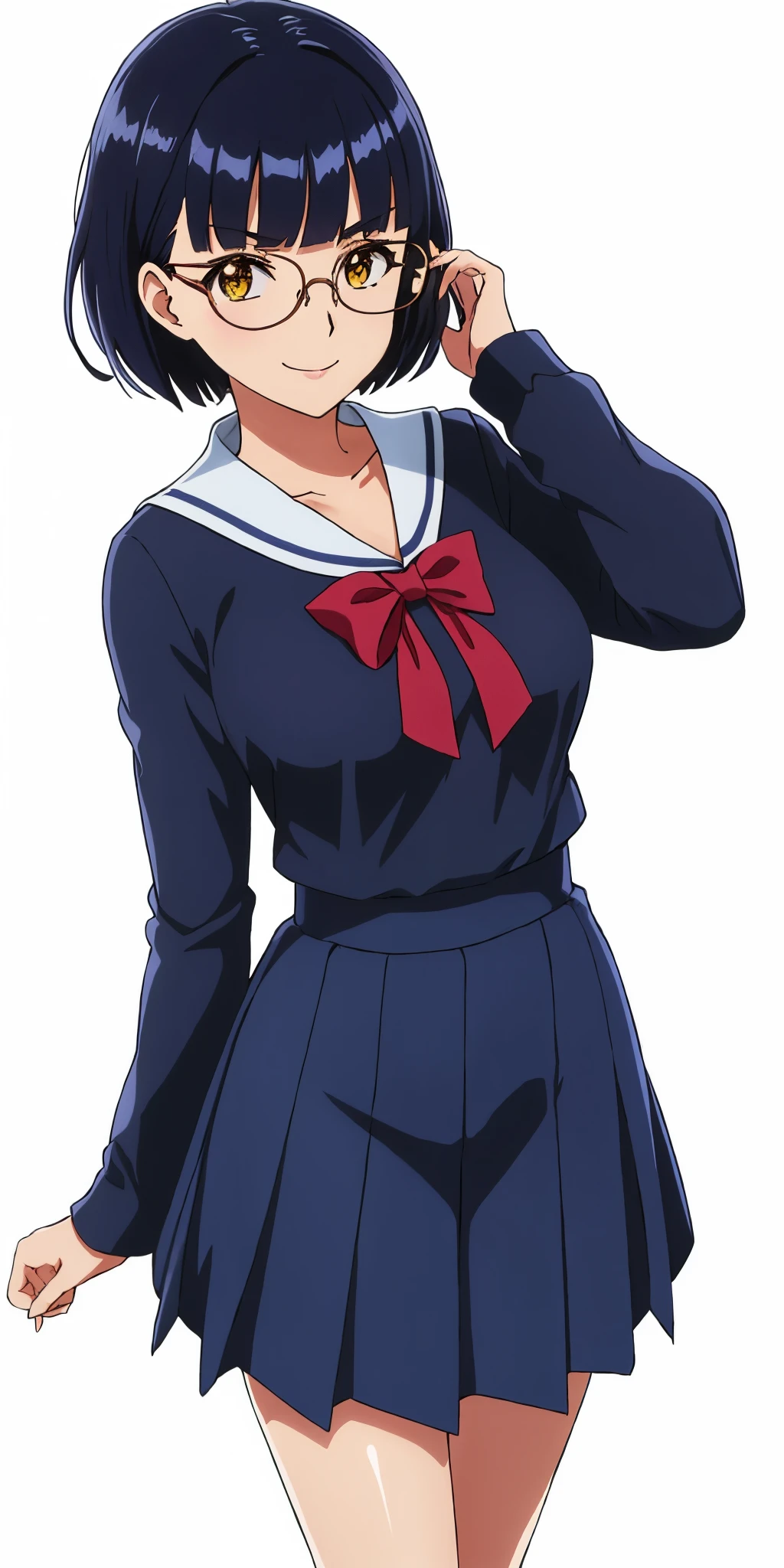 Young woman drawn in 80’s anime art style. 
Retro anime. Vintage Anime. Classical Anime. 
Black Blue HAIR
Top Knot Hime Cut Hair
(Round Glasses)
(Round and Circle eyes)
(Yellow eyes)
(Medium Sized Eyebrows)
(Light Tan Woman)
(Medium Breast)
Seductive Smile

She is wearing a sailor fuku (セーラー服, sērā fuku, sailor outfit) is a common style of uniform worn by women, traditionally by high school female students. 

The uniform generally consists of a blouse attached with a navy blue sailor-style collar and a Dark Navy Blue Sailor Blouse. The length of the long skirt goes down past her ankle.

A ribbon is tied in the front and laced through a loop attached to the blouse. The color is the ribbon is red.

(Dark Navy Blue Sailor Shirt)
(Dark Navy Pleated Skirt)

(Solo)
Location: High School 