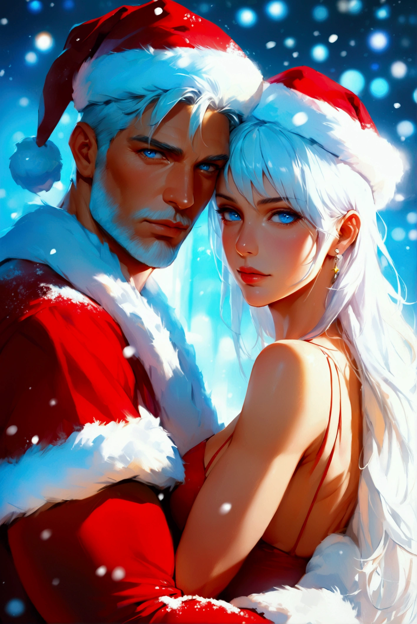 (((masterpiece))), (8k), (pseudo realism), (intricate details), (full focus), (full body photo), 1female + 1male, middle-aged, curvy female (1.2) + muscular male (1.6), Santa Claus muscular + Mrs. Claus sexy, bright blue eyes with shining highlights, long white hair, pale glow on hair, fair skin, male holding female, snowy background, night background, soft light focus, sultry gaze, soft features, beautiful, confident, sexy, realistic, colorful lights streaming down from ceiling, (EyesHD: 1.5), (masterpiece), (best quality), (ultra-detailed), (very aesthetic), (sharp focus), (depth of field), (vibrant colors), (ray tracing), (best lighting), detailed illustration), (detailed background), 8k, (cinematic), (beautiful face), (beautiful eyes), realistic facial features, detailed features, realistic features, defined features, detailed hair, semi-realistic style, semi-realistic, attractive features, masculine, dark colors, dark lighting, painted style, detailed style