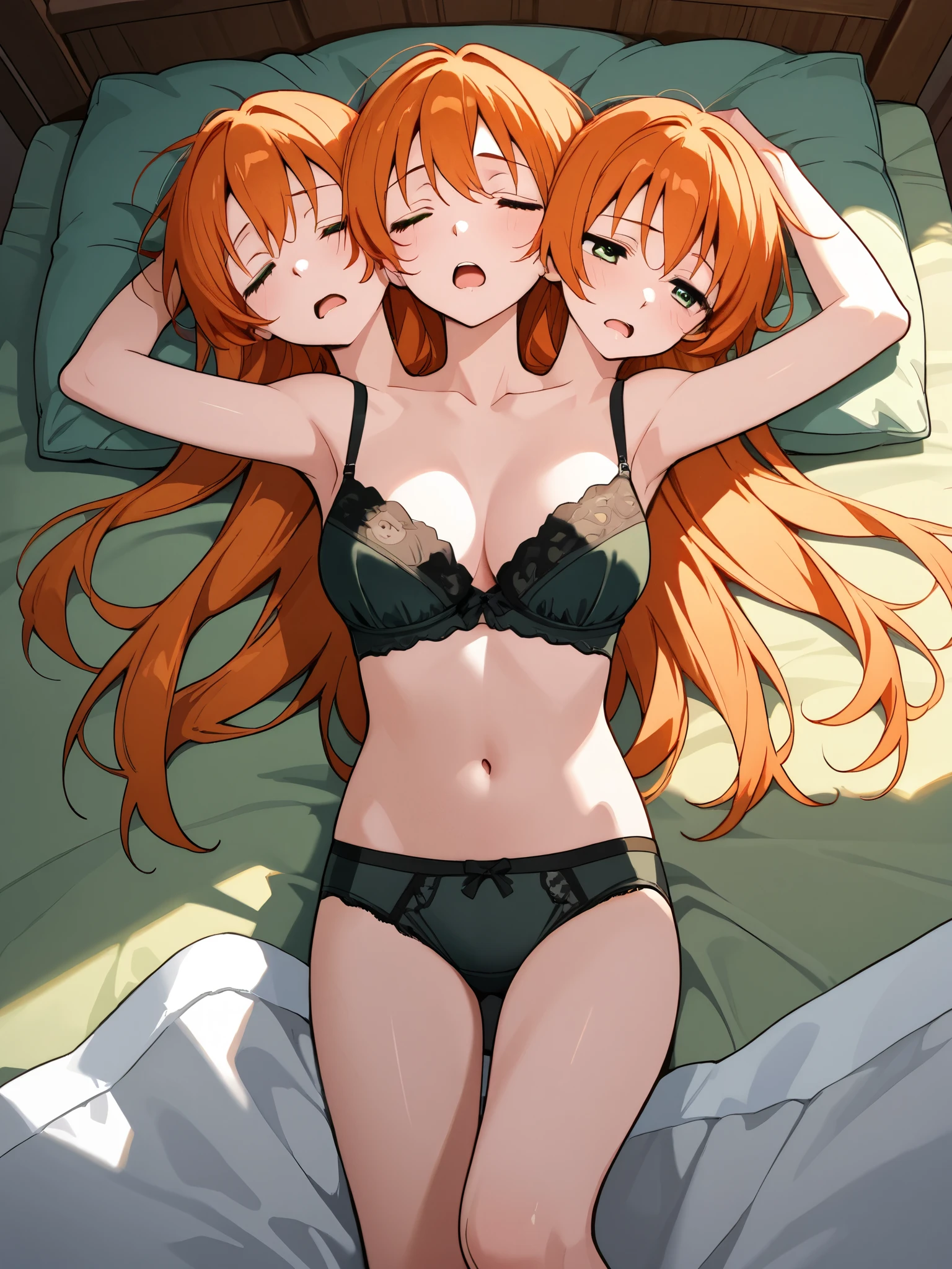 anime girl with three heads, orange hair, eyes closed, green eyes, open mouth, tired, exhausted, underwear, lying on a bed, from above