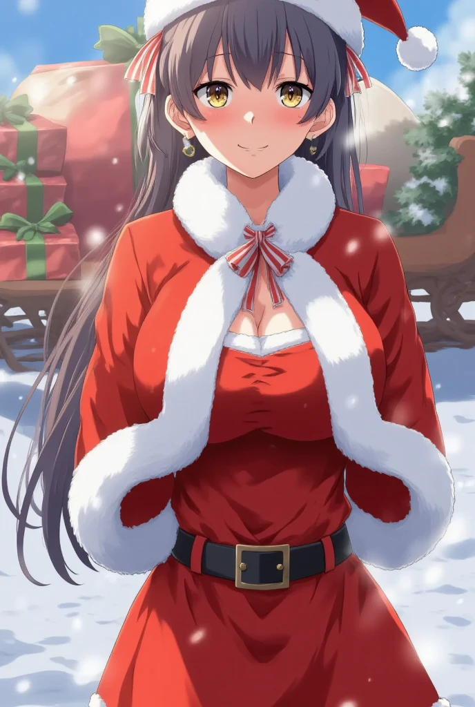 ((((completely white background)))),(((1 girl naked))),(((8 k,2 thousand.))),(the masterpiece), (((Best quality))), (ultra detailed), (((highly detailed computer illustration))), ((Extraordinarily gentle and beautiful face)),,1 girl,( Conceptual art) , , (the masterpiece:1.2), (Best quality:1), ((( Extremely embarrassed face))),, (((Cheeks are very rosy, chest bright red.)) , (( emotion)),((((Eyes drawn in manga style.)))),((medium breasts)), ((beautiful figure)),(black long hair),(dark orange manga style eyes)) , (Detailed crotch) , (a lot of blush on the cheeks), ((Santa suit with skirt)) , (((drags a bag of gifts with his hands:1.3))) , ((angry)), (hands down)