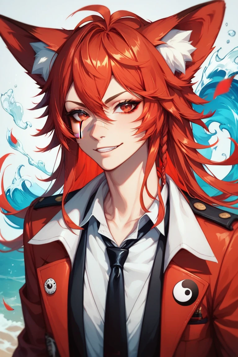 The character has bright red hair styled in medium-length waves. Lower Nose Scar
Animal-like ears resembling fox ears with white fur inside. 
Vibrant red eyes that exude liveliness.
Wears a deep red shirt paired with a black tie featuring a yin-yang pin in the center.
In the background, there are fluffy, fox-like tails with a gradient of red and white.     