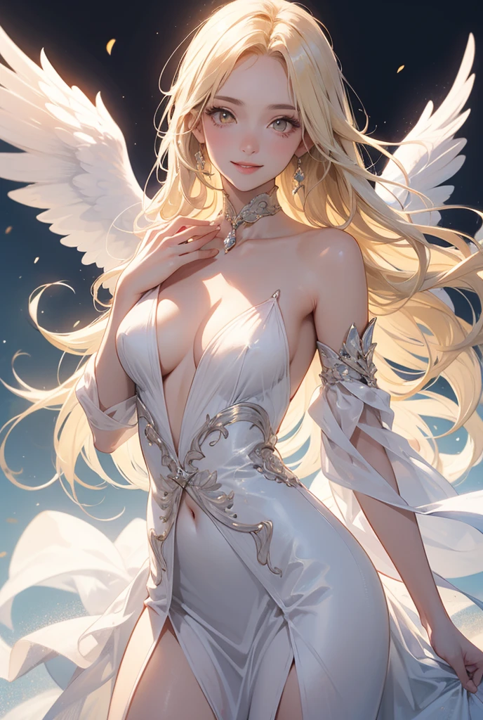 ((best quality)), ((realistic,digital art)), (hyper detailed) a beautiful angel woman with halo of light, semi-nude, intricate detailed face, delicate facial features, porcelain skin, ethereal, serene expression, elegant pose, feathered wings, graceful, divine, shimmering light effects, cinematic lighting, chiaroscuro, dramatic shadows, muted color palette, romantic, dreamlike, mystical