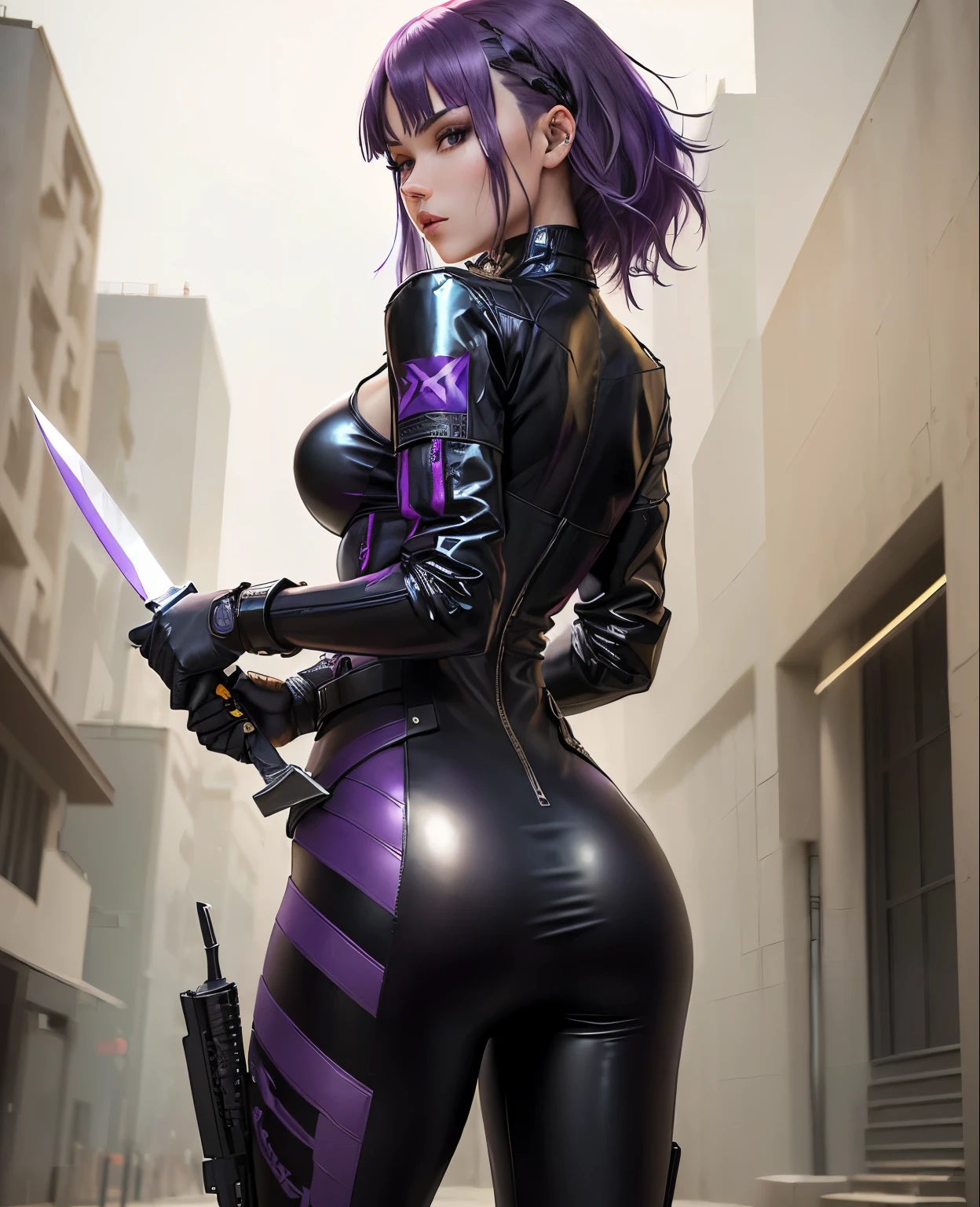 1girll,Gorgeous Hair in Long Purple,Purple one-piece skinny leather coat,Tattooed with,There is a red ribbon around the waist,purple boots,The thigh has leg rings,There is a katana in the left hand,The right hand has a purple energy glow,Hands full breasts, Convex buttocks, city ruins,holy rays,A desert,Detailed background, Clothing details, perfectly proportioned, filmgrain, Fuji colors, lightand shade contrast, tmasterpiece, high detal, high qulity, A high resolution, Cinematic lighting, 8K, Textured skin, Super detail