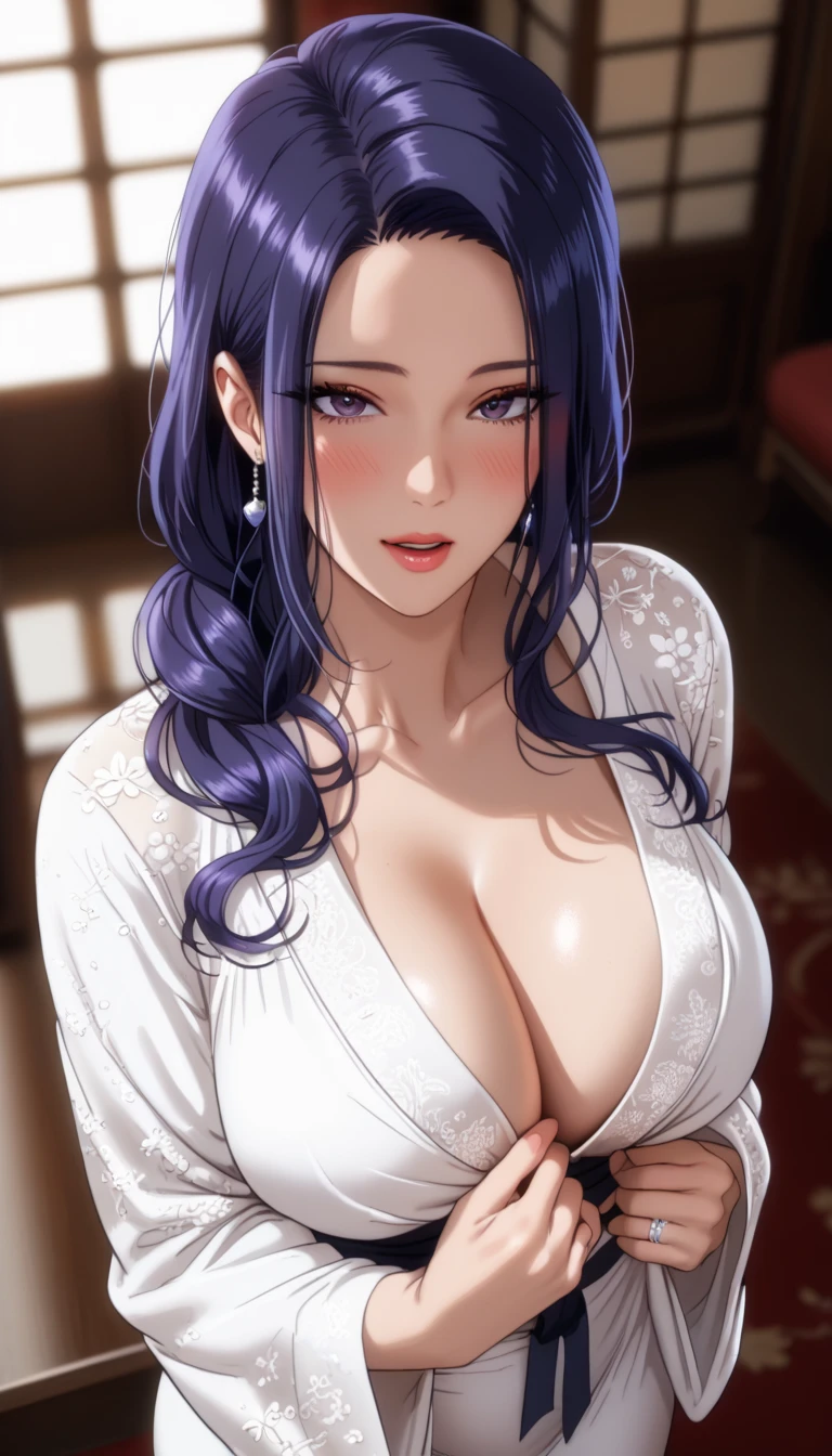 (masterpiece, best_quality:1.2), 1girl, solo, mature female, tsub, long hair, purple hair, (housewife:1.5, ring, robe, wedding ring), beautiful eyes, female focus, looking at viewer, blush, open mouth, large breast, cleavage, wide hips, ((above view)) ((close up shot)) ((solo)) detailed, very high resolution, no blurry image, (cowboy shot), standing, beautiful, elegant, serene expression, intricate details, detailed background, indoors:1.3