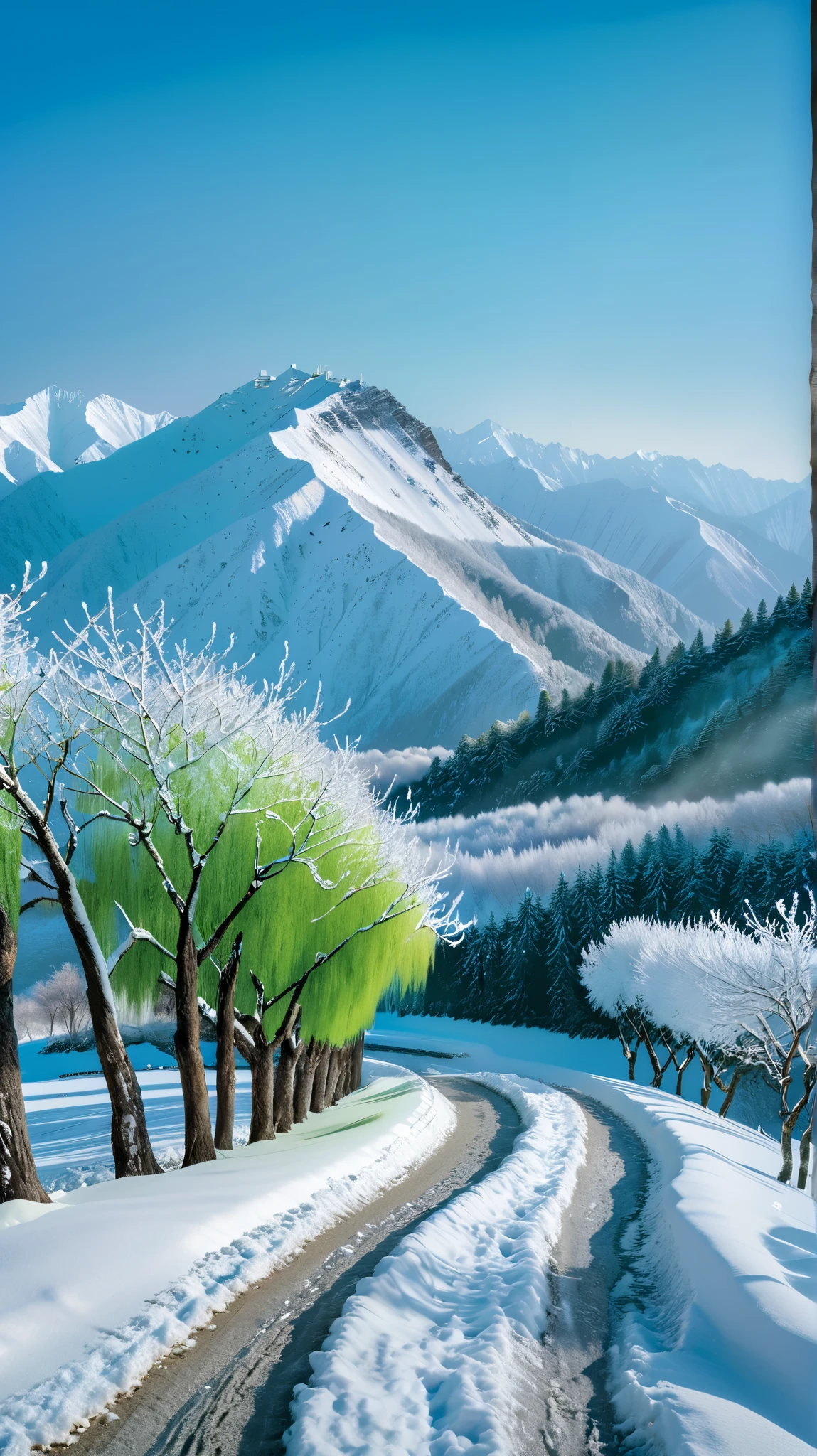 Extremely long-distance lens, masterpiece, accurate, Dynamic Light, Cinematics, HDR,anatomically correct, highest quality、masterpiece、超High resolution、RAW Photos、SUPER HIGH RESOLUTION PHOTOGRAPHY, super detail, 8k .PHOTOGRAPH OF the Tang Dynasty, inspired by Li Bai's poem " Return to the Old Mountain in Winter" (Returning to the Old Mountains in Winter).
Scene Description:
Setting: Depict a serene winter landscape with distant snow-capped peaks under a clear blue sky, contrasting the white snow with patches of green grass in the foreground where the poet feels a sense of belonging.
Pathway: Show a narrow green vine path leading through the scenery, symbolizing the beauty and simplicity of nature as indicated by "Ichijo Wisteria Path Green ".
Ancient Trees: In the background, include ancient trees with sparse leaves, their branches twisted and gnarled, some leaning over a gently flowing river that reflects the mountains and the serene surroundings.
Atmosphere: The mood should be tranquil and inviting, with gentle sunlight illuminating the snow and creating sparkling effects, conveying a sense of peace and nostalgia.
This artwork should beautifully capture the essence of the poem, evoking a sense of nature’s beauty, solitude, and the warmth of returning to one’s roots amidst a cold winter landscape.