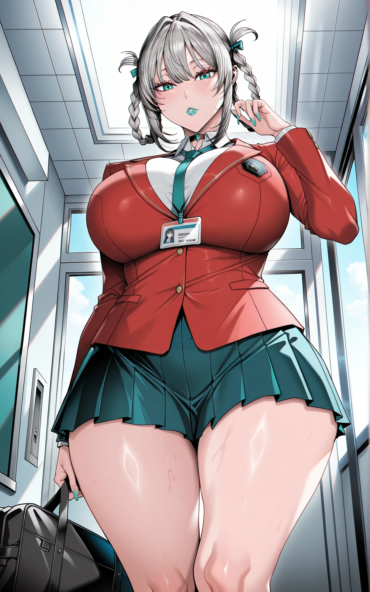 masterpiece,best quality,amazing quality,very aesthetic,absurdres,newest, huge filesize,
MAIDOLL_V1,
momobami kirari,  red jacket, black collared shirt, pleated skirt, 
hair rings, hair ribbon, braid, blunt bangs, aqua eyes, aqua lipstick,grey hair, 
1girl,
breasts,
id card,
school uniform, 
braid,
looking at viewer,
m_seito,