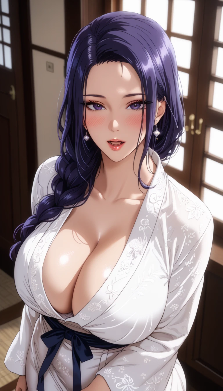 (masterpiece, best_quality:1.2), 1girl, solo, mature female, tsub, long hair, purple hair, (housewife:1.5, robe), beautiful eyes, female focus, looking at viewer, blush, open mouth, large breast, cleavage, wide hips, ((above view)) ((close up shot)) ((solo)) detailed, very high resolution, no blurry image, (cowboy shot), standing, beautiful, elegant, serene expression, intricate details, detailed background, indoors:1.3