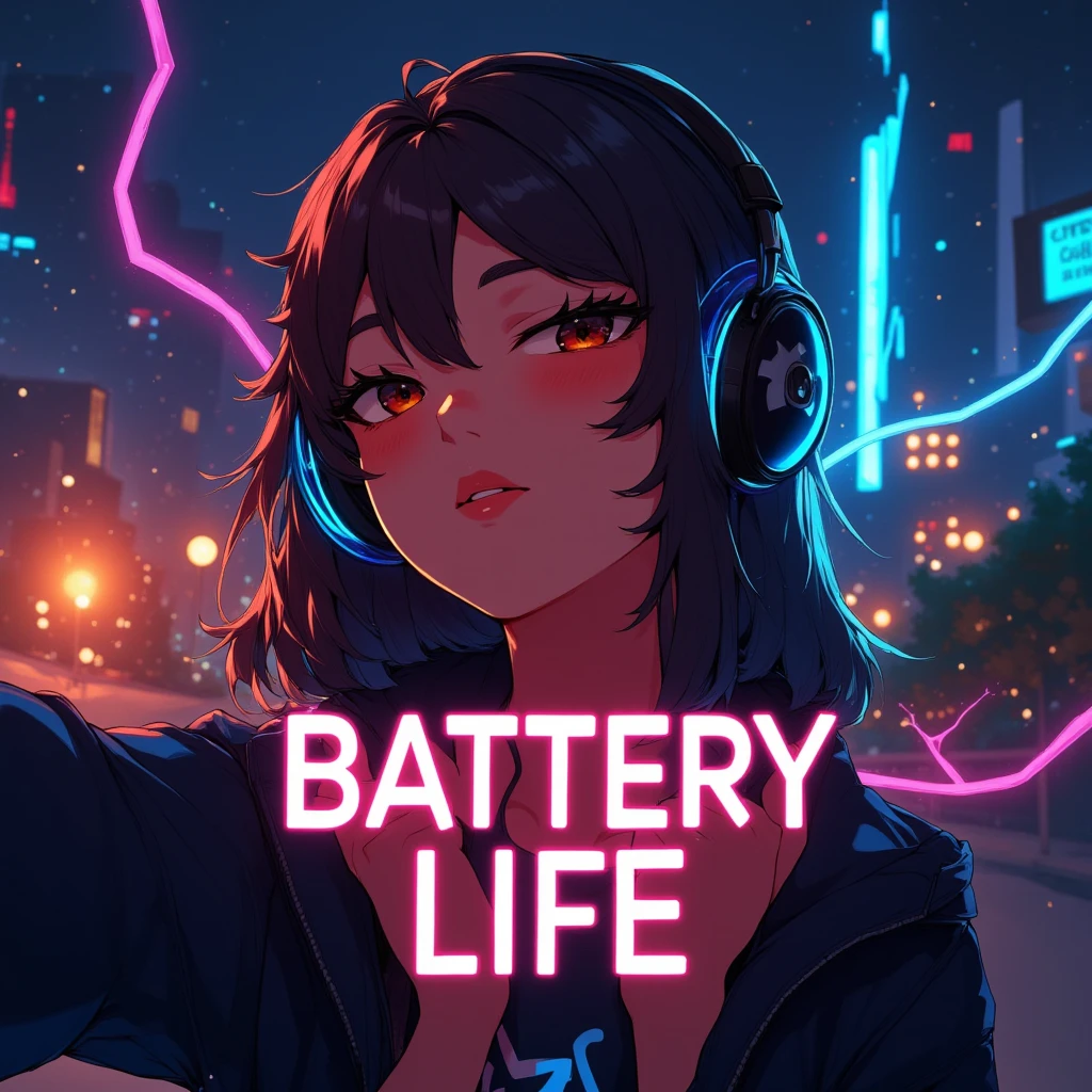 A captivating streaming thumbnail featuring a stylized image of a young woman with her eyes closed, wearing headphones, and surrounded by colorful, glowing electrical lines that represent power and energy. The background is a dark, blurred cityscape at night, with hints of neon lights. The woman's face is illuminated by the glow of the electrical lines, creating a striking contrast. The title "Battery Life" is prominently displayed in bold, futuristic letters in the center of the image. The overall design is modern, energetic, and visually appealing, perfectly capturing the essence of the progressive house track