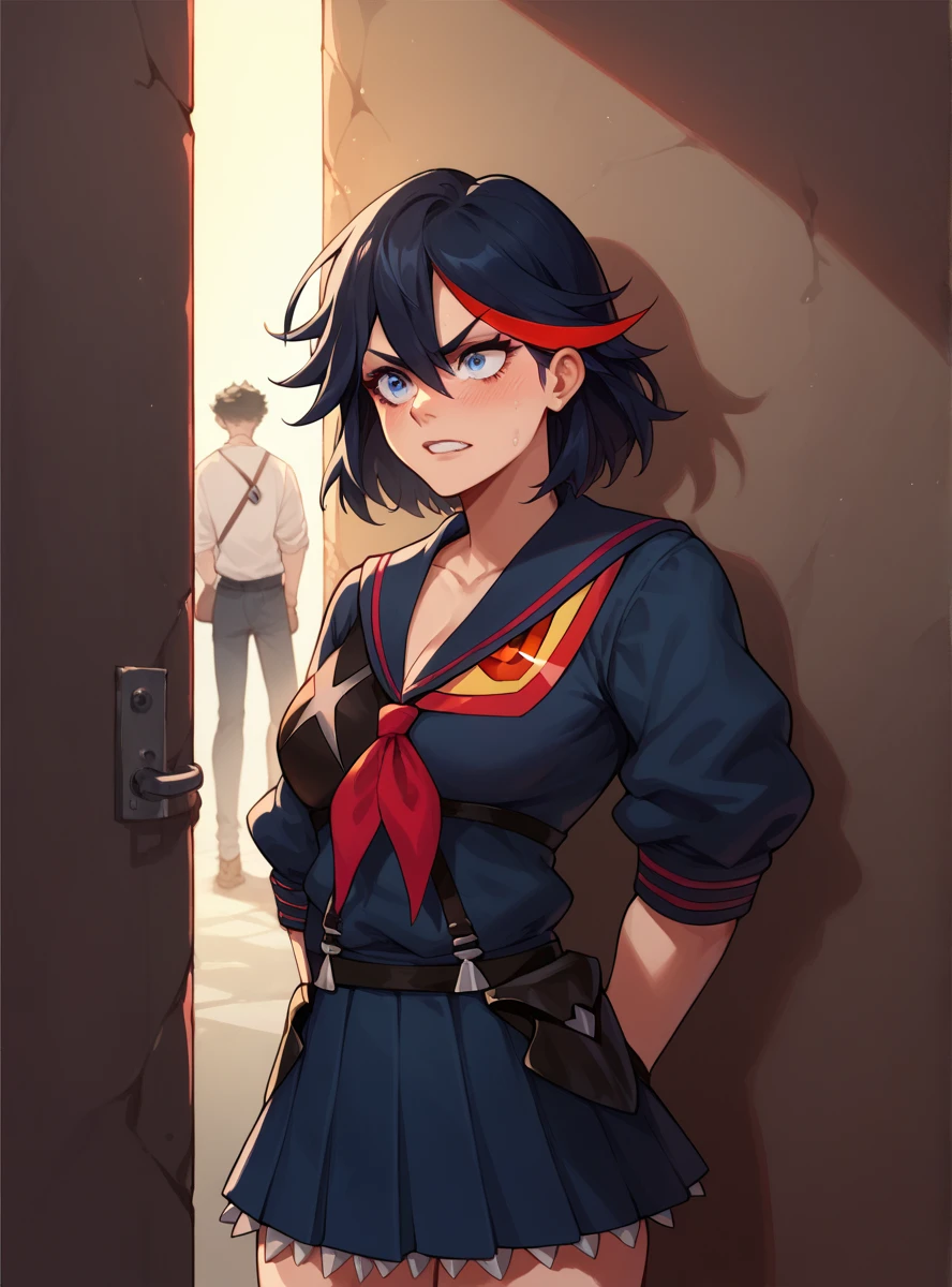 masterpiece, best quality, very aesthetic, absurdres BREAK 1girl, matoi ryuuko, black hair, red streaked hair, short hair, blue eyes,humiliation,dominated,(dressed as a geanie ))