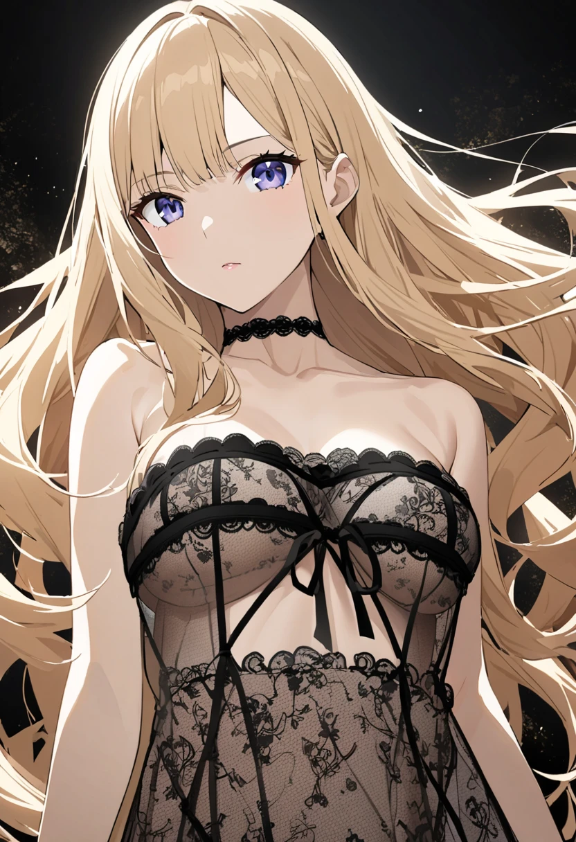 a girl is modeling, Lingerie show, lace garment, strutting down the catwalk, cowboy shot, under the dazzling runway lights,
looking at the viewer, light_SMILE, Alone,
Asuna is not, light_Brown_Hair, halo, long_Hair, Blue_eyes, very long Hair, Hair over one eyes,
(open_Clothes, partial_ness)