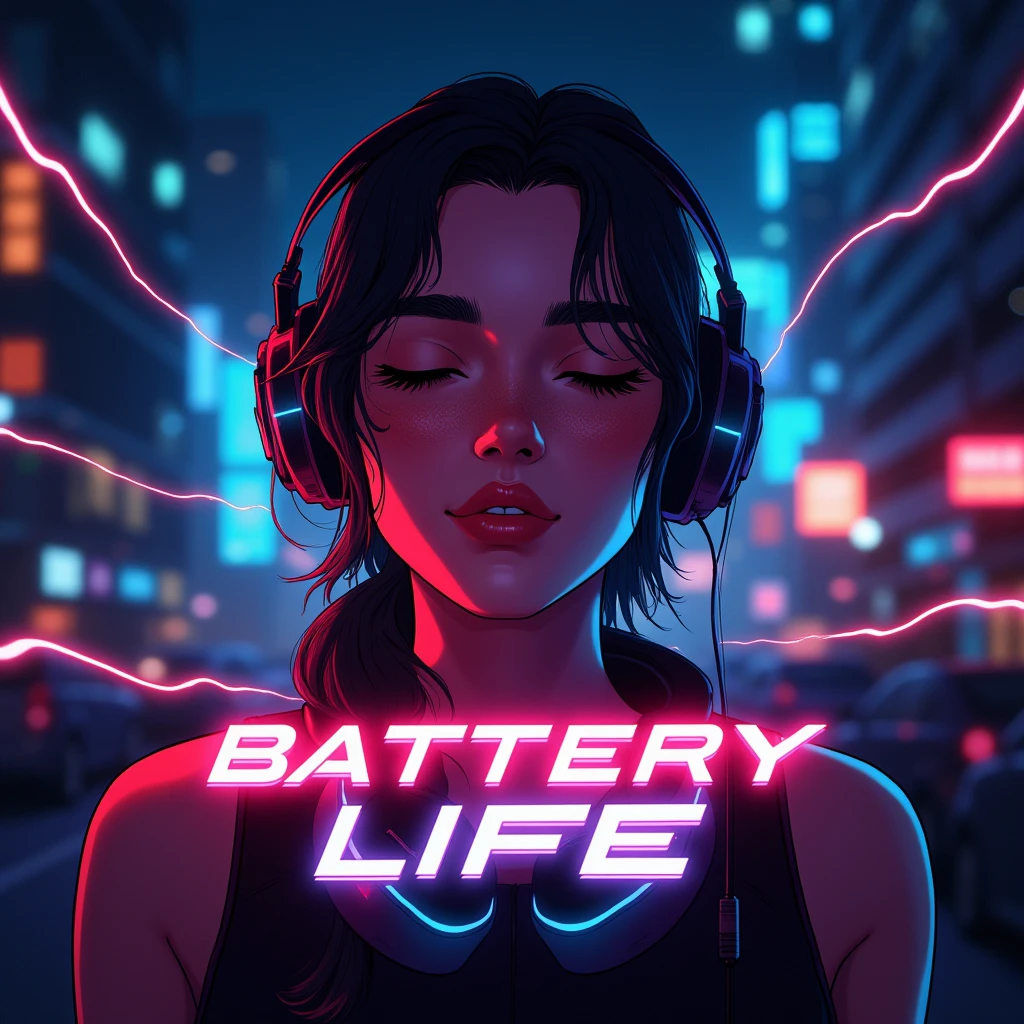 A captivating streaming thumbnail featuring a stylized image of a young woman with her eyes closed, wearing headphones, and surrounded by colorful, glowing electrical lines that represent power and energy. The background is a dark, blurred cityscape at night, with hints of neon lights. The woman's face is illuminated by the glow of the electrical lines, creating a striking contrast. The title "Battery Life" is prominently displayed in bold, futuristic letters in the center of the image. The overall design is modern, energetic, and visually appealing, perfectly capturing the essence of the progressive house track