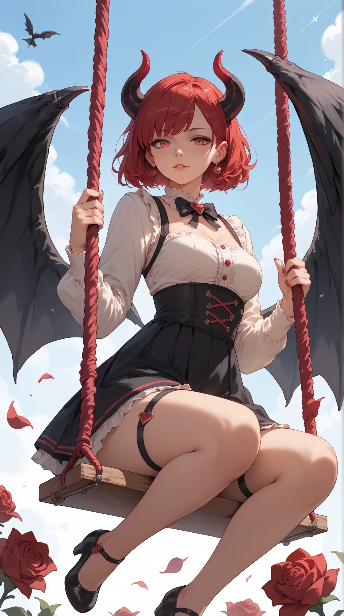  She is a pretty anime demon girl with black wings ,  Half human , Her eyes are bright red and her hair is short black ,  in her hands she has a red rose and is sitting on a swing 