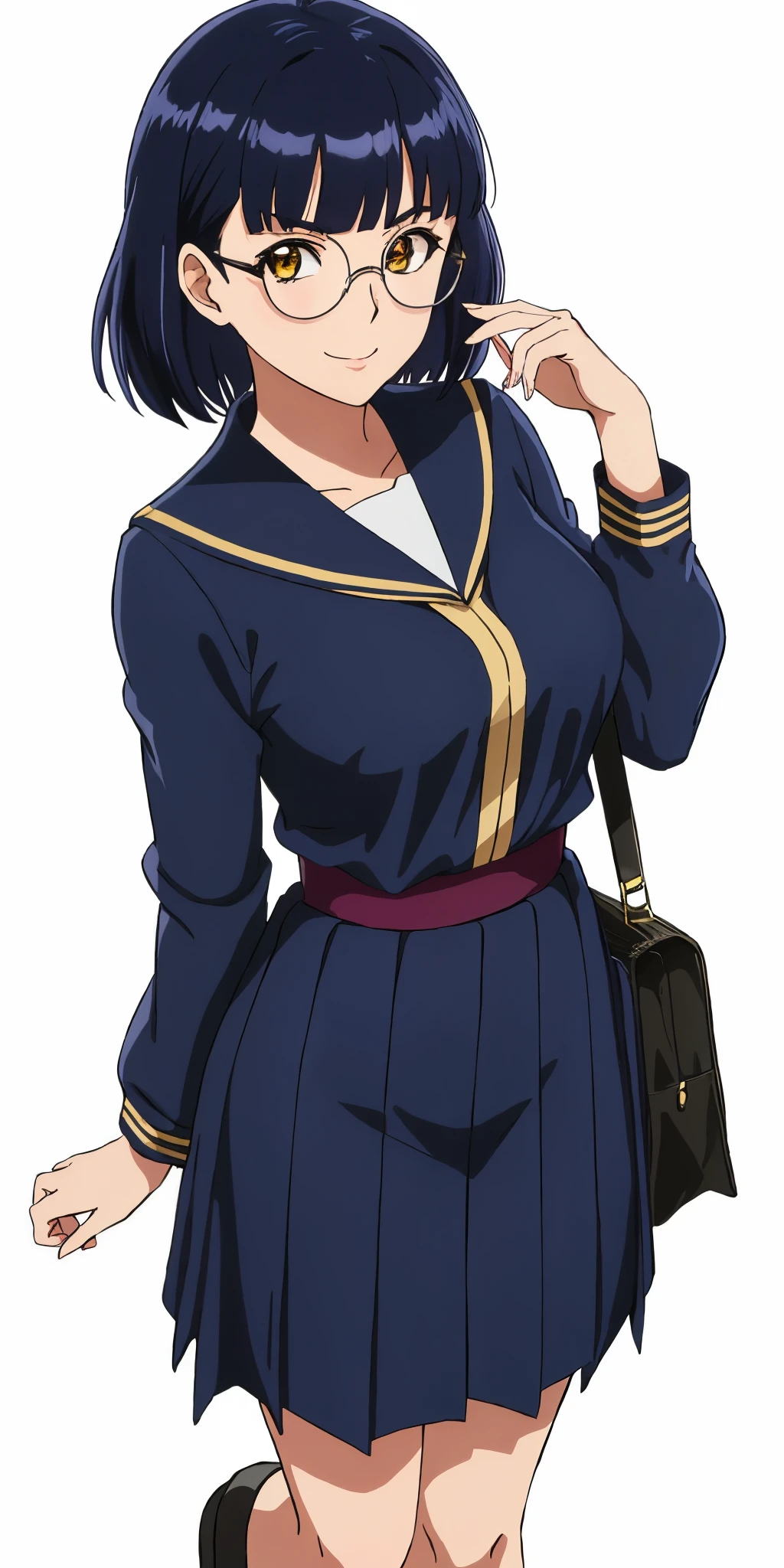 Young woman drawn in 80’s anime art style. 
Retro anime. Vintage Anime. Classical Anime. 
Black Blue HAIR
Top Knot Hime Cut Hair
(Round Glasses)
(Round and Circle eyes)
(Yellow eyes)
(Medium Sized Eyebrows)
(Light Tan Woman)
(Medium Breast)
Seductive Smile

She is wearing a sailor fuku (セーラー服, sērā fuku, sailor outfit) is a common style of uniform worn by women, traditionally by high school female students. 

The uniform generally consists of a blouse attached with a navy blue sailor-style collar and a Dark Navy Blue Sailor Blouse. The length of the long skirt goes down past her ankle.

A ribbon is tied in the front and laced through a loop attached to the blouse. The color is the ribbon is red.

(Dark Navy Blue Sailor Shirt)
(Dark Navy Pleated Skirt)

(Solo)
Location: High School 