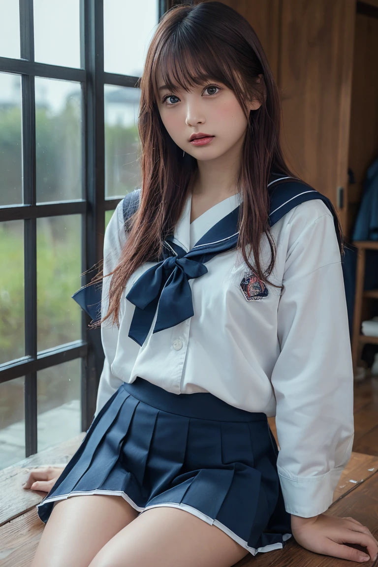 1girl, 18yo girl, sailor uniform, knee length skirt, sitting on the classroom chair, spreading leg widely open, realistic, photorealistic, highly detailed, 8k, hyperrealistic, intricate details, masterpiece, award winning, natural lighting, soft shadows, warm colors, cinematic composition, dramatic lighting, volumetric lighting, depth of field, bokeh