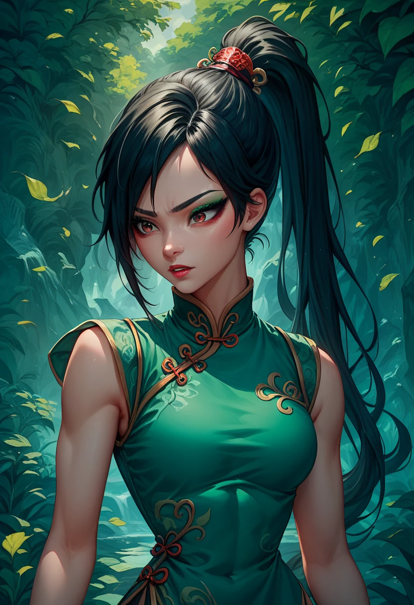 Li Mei has long, flowing black hair that she usually ties into a high ponytail. Her eyes are a piercing emerald green, and she has a delicate, almost ethereal beauty that belies her formidable strength. She wears a traditional qipao modified for mobility, combined with light armor pieces that do not hinder her agility. Her sword, the "Jade Serpent," is always by her side, its blade rumored to be imbued with mystical properties.