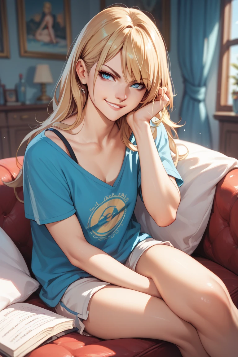 Create a masterpiece, high-quality image of a beautiful, sexy anime lofi girl with long blonde hair sitting at her gaming PC in a cozy lounge setting. She has bright blue eyes and is smiling, looking directly at the camera. She is wearing a tank top and shorts, showing her shoulder and midriff. The scene should be warm and inviting, with soft ambient lighting and comfortable seating. The gaming setup includes a high-end PC with multiple monitors, RGB lighting, and various gaming accessories. The overall atmosphere is relaxed and serene. The image should have a high resolution and be super detailed, with the girl barefoot and the setting illuminated by a small lamp, creating a sense of depth and intimacy