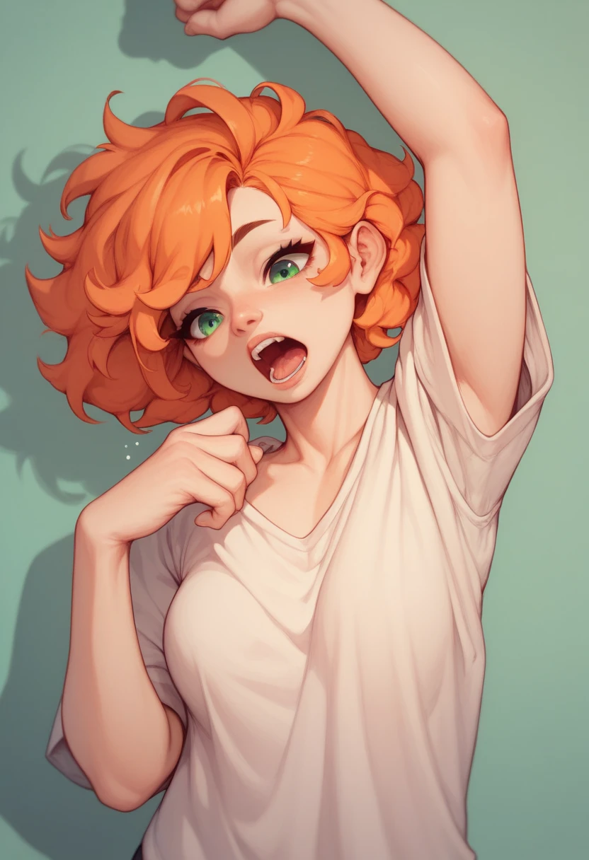  Orange-haired girl waking up stretching her arm and running a hand through her yawning hair,  green eyes. Tousled orange hair .  A large, loose-fitting shirt 