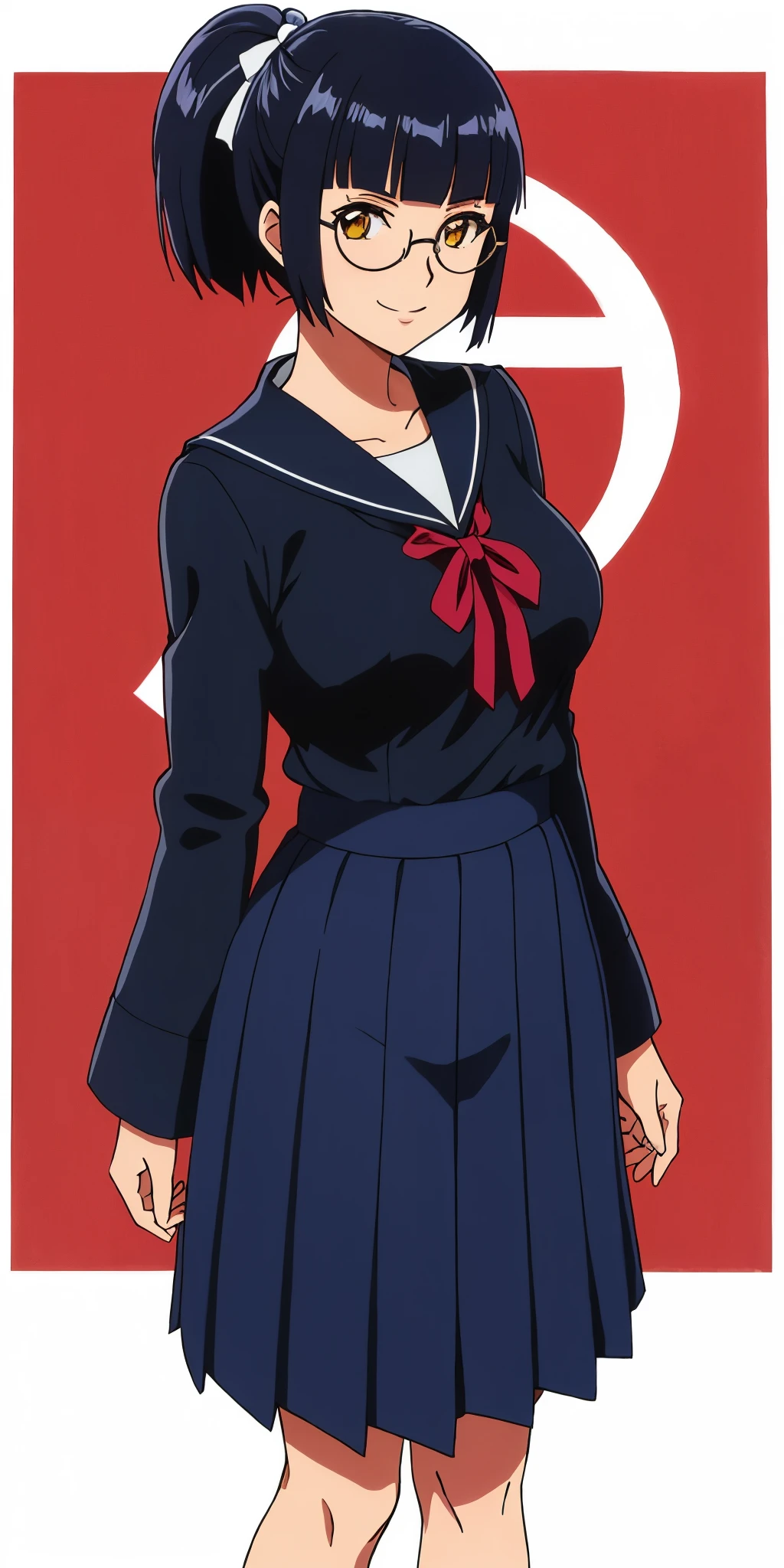 Young woman drawn in 80’s anime art style. 
Retro anime. Vintage Anime. Classical Anime. 
Black Blue HAIR
Top Knot Hime Cut Hair
(Round Glasses)
(Round and Circle eyes)
(Yellow eyes)
(Medium Sized Eyebrows)
(Light Tan Woman)
(Medium Breast)
Seductive Smile

She is wearing a sailor fuku (セーラー服, sērā fuku, sailor outfit) is a common style of uniform worn by women, traditionally by high school female students. 

The uniform generally consists of a blouse attached with a navy blue sailor-style collar and a Dark Navy Blue Sailor Blouse. The length of the long skirt goes down past her ankle.

A ribbon is tied in the front and laced through a loop attached to the blouse. The color is the ribbon is red.

(Dark Navy Blue Sailor Shirt)
(Dark Navy Pleated Skirt)

(Solo)
Location: High School 