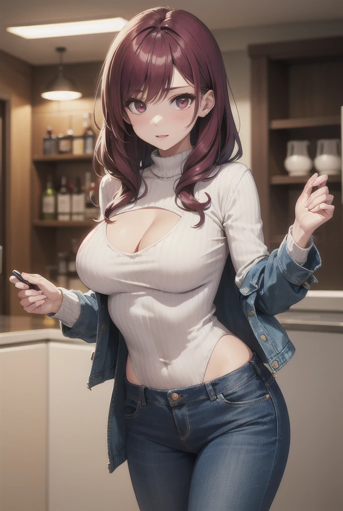 Semi-long, shiny, maroon hair, large breasts, gentle expression, vertical sweater, denim pants, glamorous, cute, open chest 