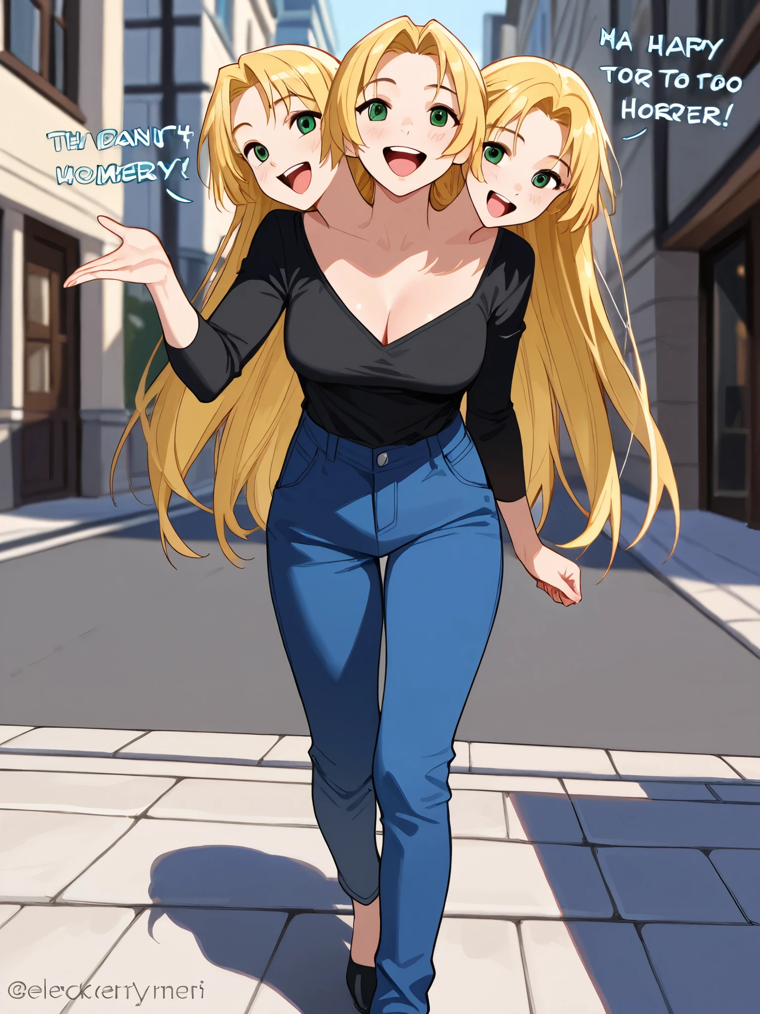 anime girl with three heads, blonde hair, green eyes, relaxed, happy, open mouth, talking to herself, black shirt, one neckline, blue long pants, walking down a sidewalk