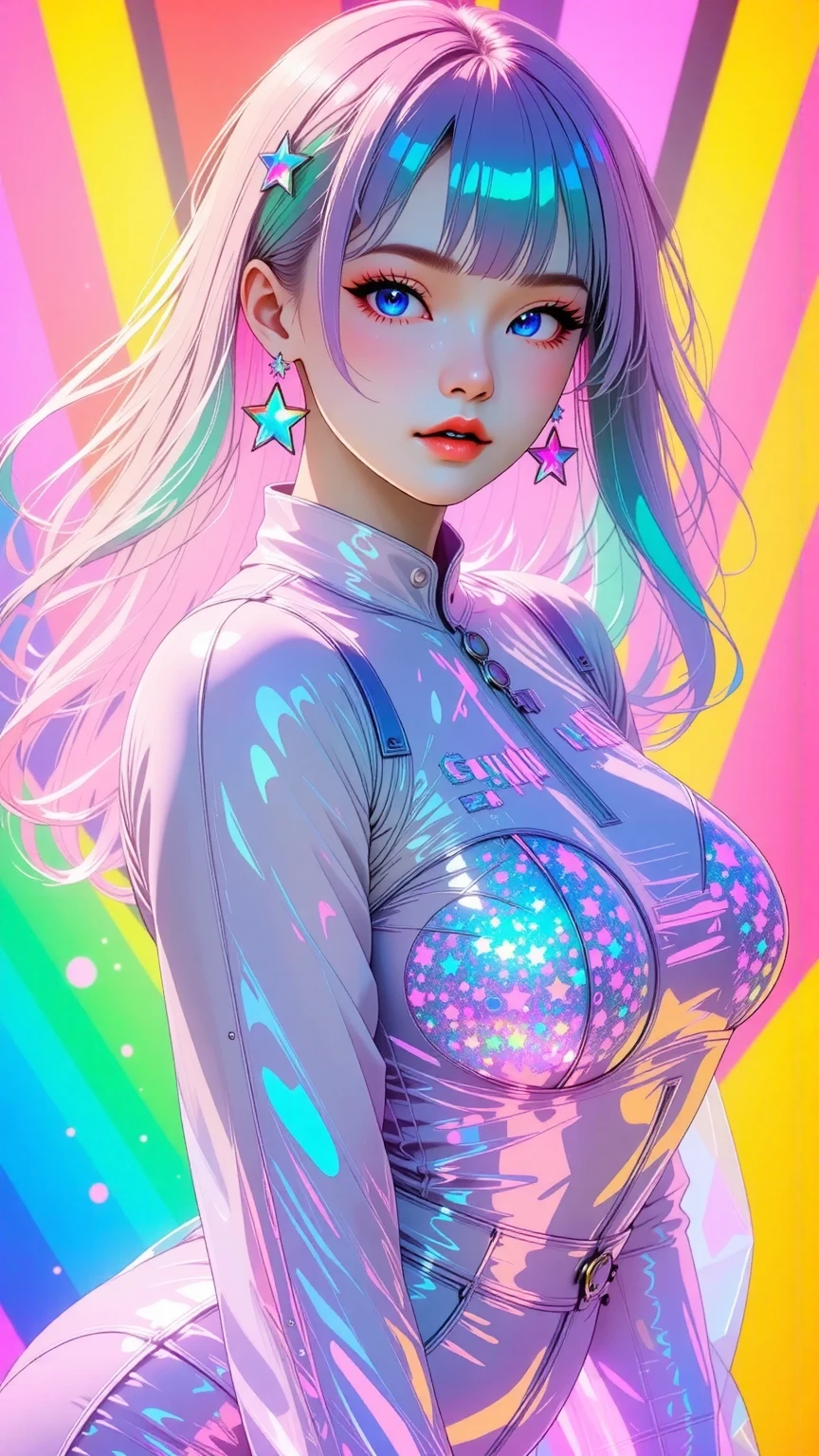 Japanese girl, (anime), manga, (3D), sexy, One Full Growth in Latex, sparkles, Pink Green Hair, posing, ((Glitter Dust)), dynamic shadows, masterpiece, bright colors, Shimmers, clear details, beautiful appearance, masterpiece, best quality, perfect anatomy, very aesthetic, official art, 8k, (porcelain doll), horny, sexual gaze, huge breasts, edgy graphic design, sexy pose, seducing camera, leaning in, ]straight on,
