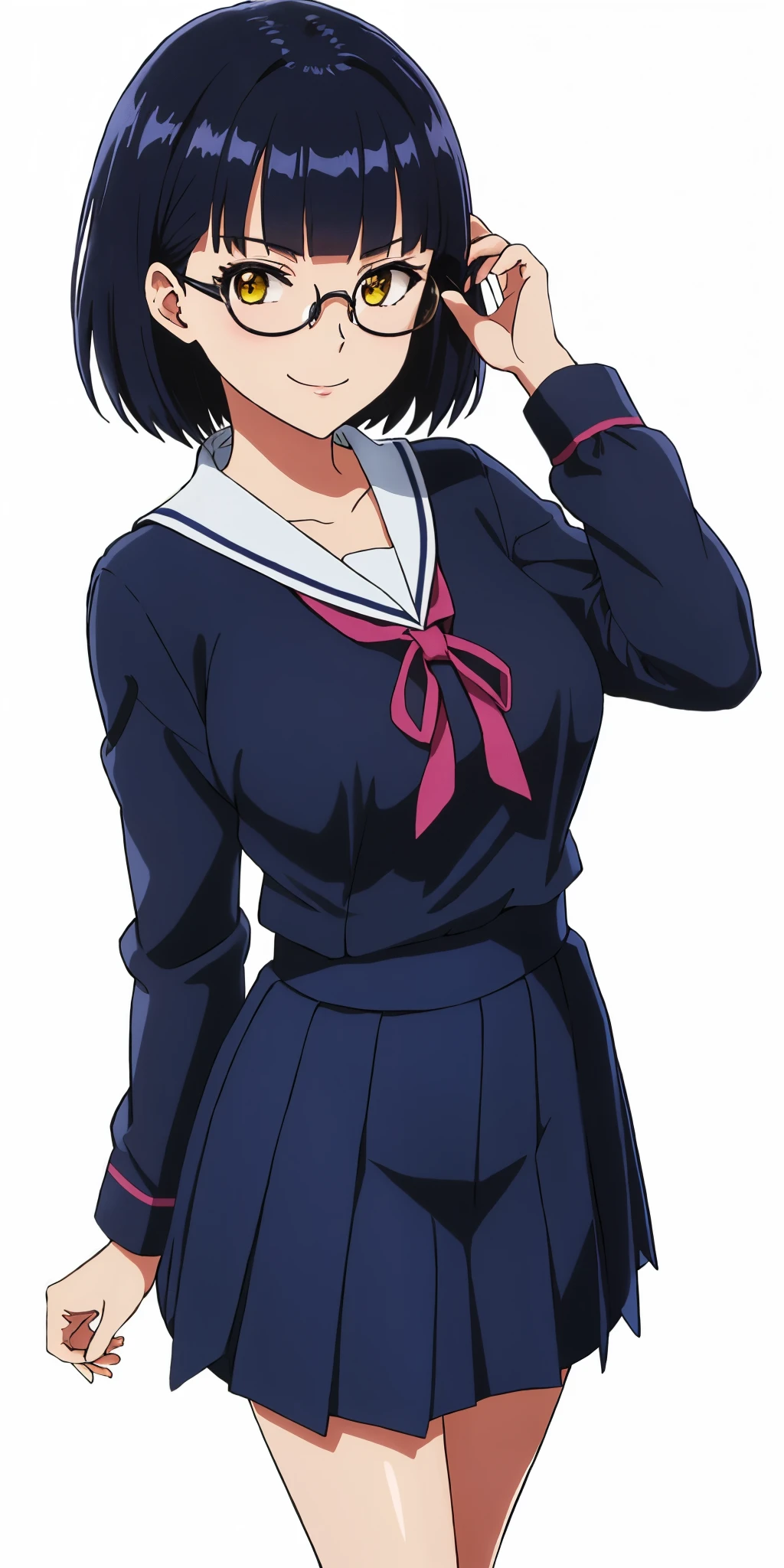 Young woman drawn in 80’s anime art style. 
Retro anime. Vintage Anime. Classical Anime. 
Black Blue HAIR
Top Knot Hime Cut Hair
(Round Glasses)
(Round and Circle eyes)
(Yellow eyes)
(Medium Sized Eyebrows)
(Light Tan Woman)
(Medium Breast)
Seductive Smile

She is wearing a sailor fuku (セーラー服, sērā fuku, sailor outfit) is a common style of uniform worn by women, traditionally by high school female students. 

The uniform generally consists of a blouse attached with a navy blue sailor-style collar and a Dark Navy Blue Sailor Blouse. The length of the long skirt goes down past her ankle.

A ribbon is tied in the front and laced through a loop attached to the blouse. The color is the ribbon is red.

(Dark Navy Blue Sailor Shirt)
(Dark Navy Pleated Skirt)

(Solo)
Location: High School 