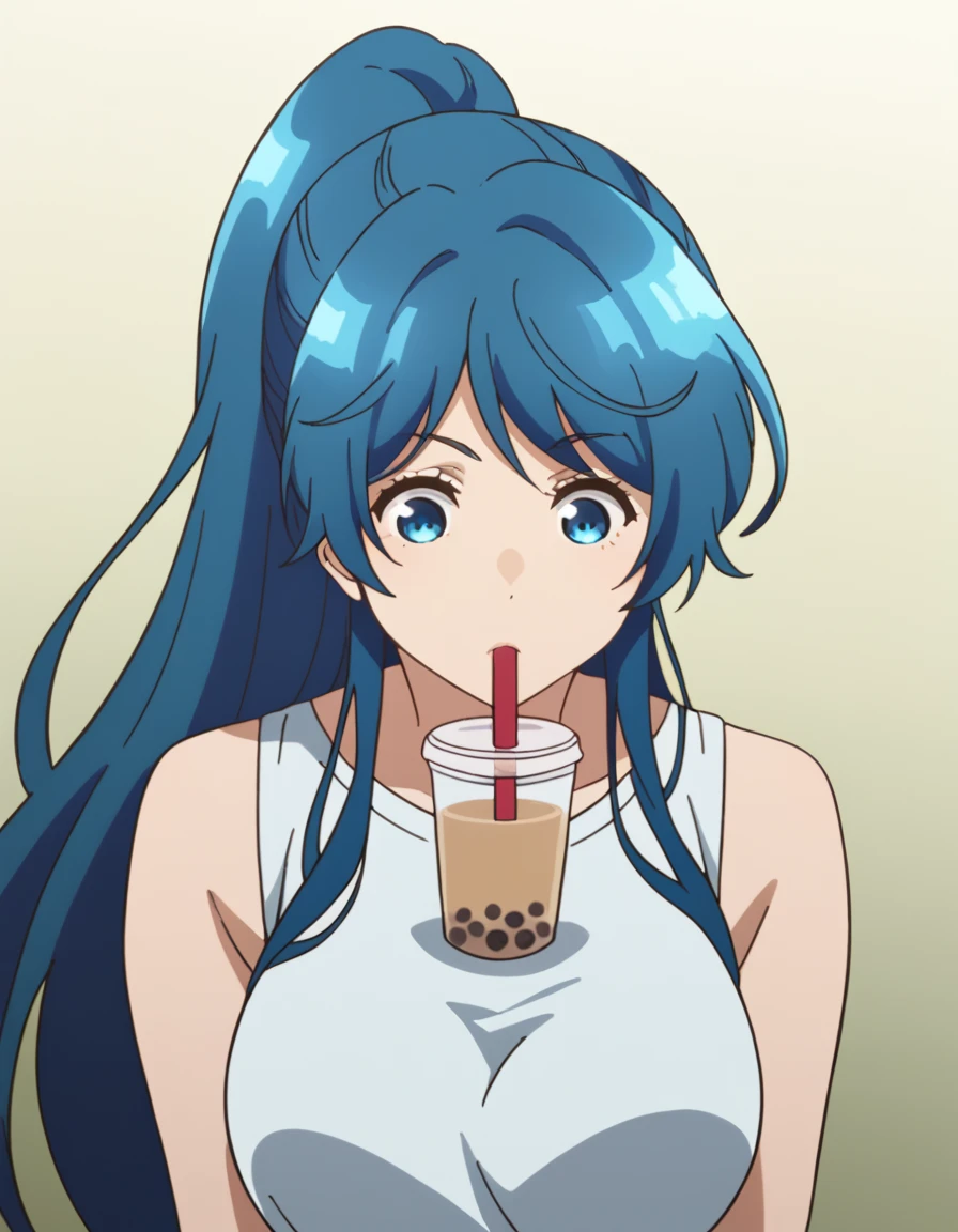  score_9,  score_8_above,  score_7_above,   source  _animated, Minami my ,  long hair, Blue eyes,  winked blue hair,  ponytail, sideburns,  big breasts,, bubble tea challenge, bubble tea, objeto en el pecho, Drink straw, Drink straw in mouth, Drink, cabove,, Interiors,  session,  looking down , , cowboy shot,  Dutch angle 