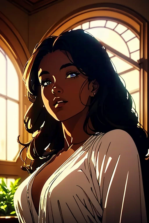 A beautiful young girl with dark skin, detailed facial features, elegant pose, soft lighting, dreamlike atmosphere, ethereal, magical realism, cinematic, 8K, high quality, masterpiece, photorealistic, intricate details, vibrant colors, balanced composition, natural lighting, seamless blending, striking contrast, dramatic shadows, glowing highlights, flawless skin, mesmerizing eyes, radiant expression, delicate features, flowing hair, graceful movements, serene setting, lush foliage, dreamlike quality, atmospheric haze, cinematic framing, professional quality, exquisite craftsmanship