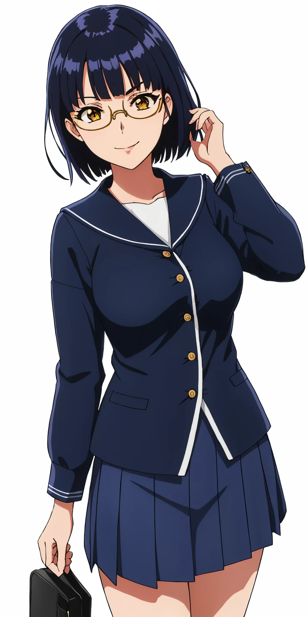 Young woman drawn in 80’s anime art style. 
Retro anime. Vintage Anime. Classical Anime. 
Black Blue HAIR
Top Knot Hime Cut Hair
(Round Glasses)
(Round and Circle eyes)
(Yellow eyes)
(Medium Sized Eyebrows)
(Light Tan Woman)
(Medium Breast)
Seductive Smile

She is wearing a sailor fuku (セーラー服, sērā fuku, sailor outfit) is a common style of uniform worn by women, traditionally by high school female students. 

The uniform generally consists of a blouse attached with a navy blue sailor-style collar and a Dark Navy Blue Sailor Blouse. The length of the long skirt goes down past her ankle.

A ribbon is tied in the front and laced through a loop attached to the blouse. The color is the ribbon is red.

(Dark Navy Blue Sailor Shirt)
(Dark Navy Pleated Skirt)

(Solo)
Location: High School 