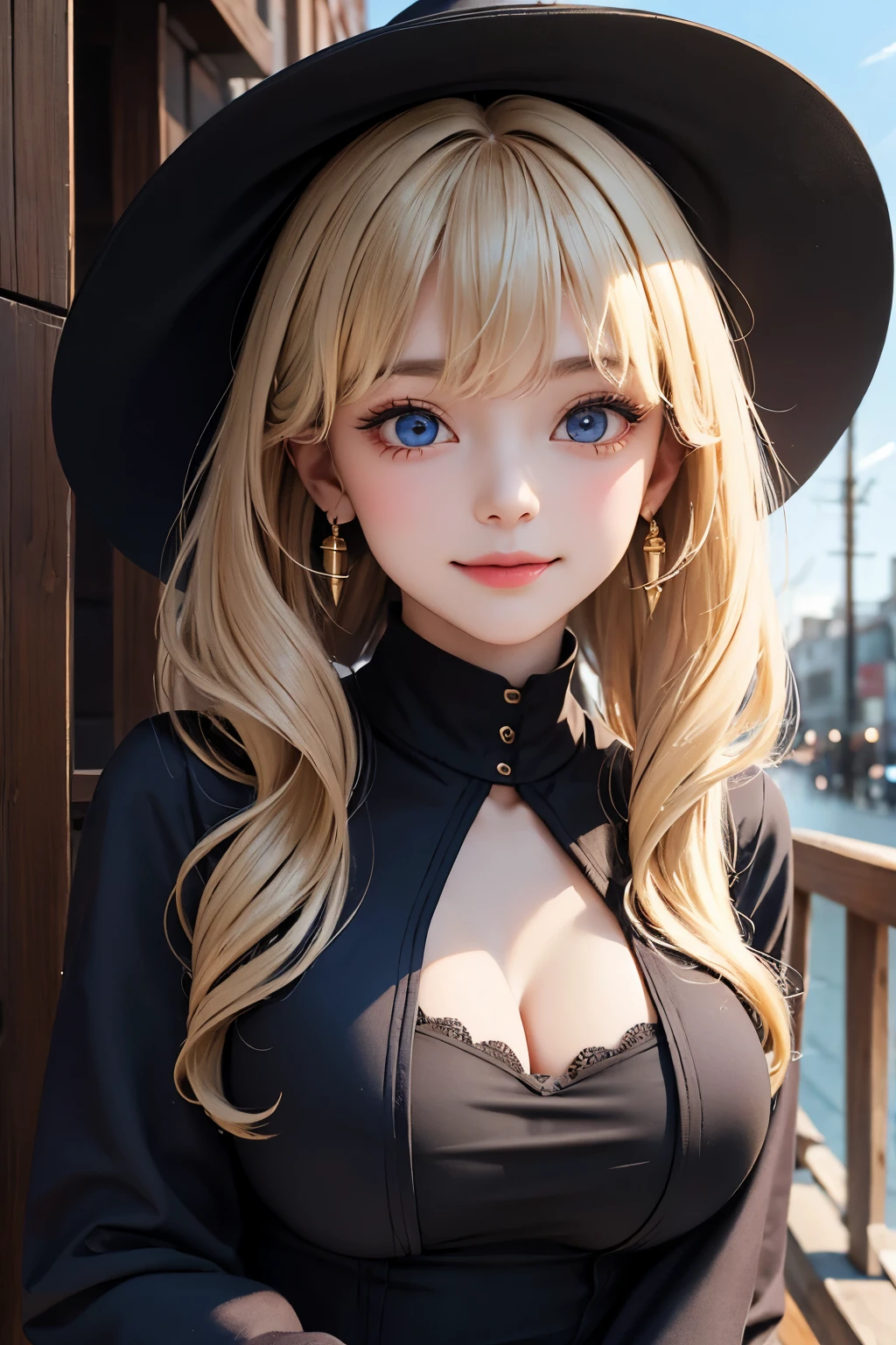absurderes, ultra-detailliert,bright colour, (in 8K:1.3),masuter piece,extremely beautiful detailed face and eyes, 25 years old,(Smooth straight blonde hair:1.3), (Shiny hair:1.2), Delicate beautiful face, red blush、(Deep Blue Eyes:1.3), (Black Sleeveless Knit),(Red and black plaid long skirt:1.5),(cleavage:1.3),hair clips, Westerner in front of the house、(looking distantly:1.3)、Happy smile、Slender body、(Blue sky in autumn:1.2)、(sun light)、a choker、