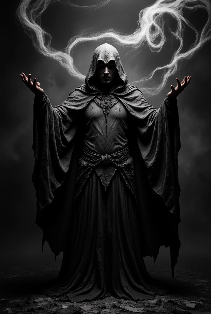 This is a dramatic, CGI-generated image depicting a powerful, mystical scene steeped in void-like darkness. The central figure is an imposing, hooded entity, draped in a tattered cloak that billows eerily around them, as if alive with the essence of shadow itself. Their face remains obscured by the deep shadows of the hood, enhancing the enigmatic and ominous atmosphere. As they stand with arms raised and hands open, a swirling mass of void energy radiates from their fingertips, distorting the surrounding darkness and hinting at their immense control over the chaotic forces of the abyss that swirl around them, pulling in light and matter alike.