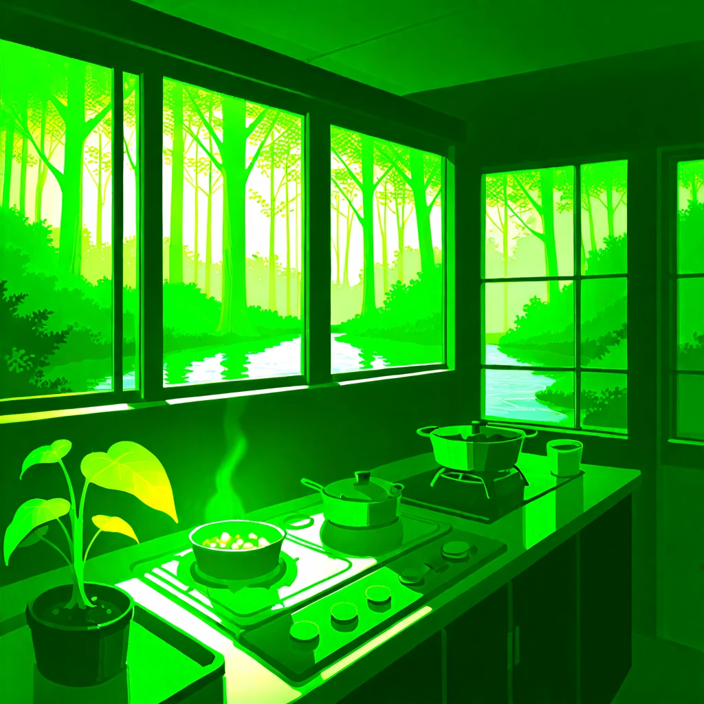  best quality , girl, stove, Carnivorous Plant, , Food, water,  forest, window, Lighting,