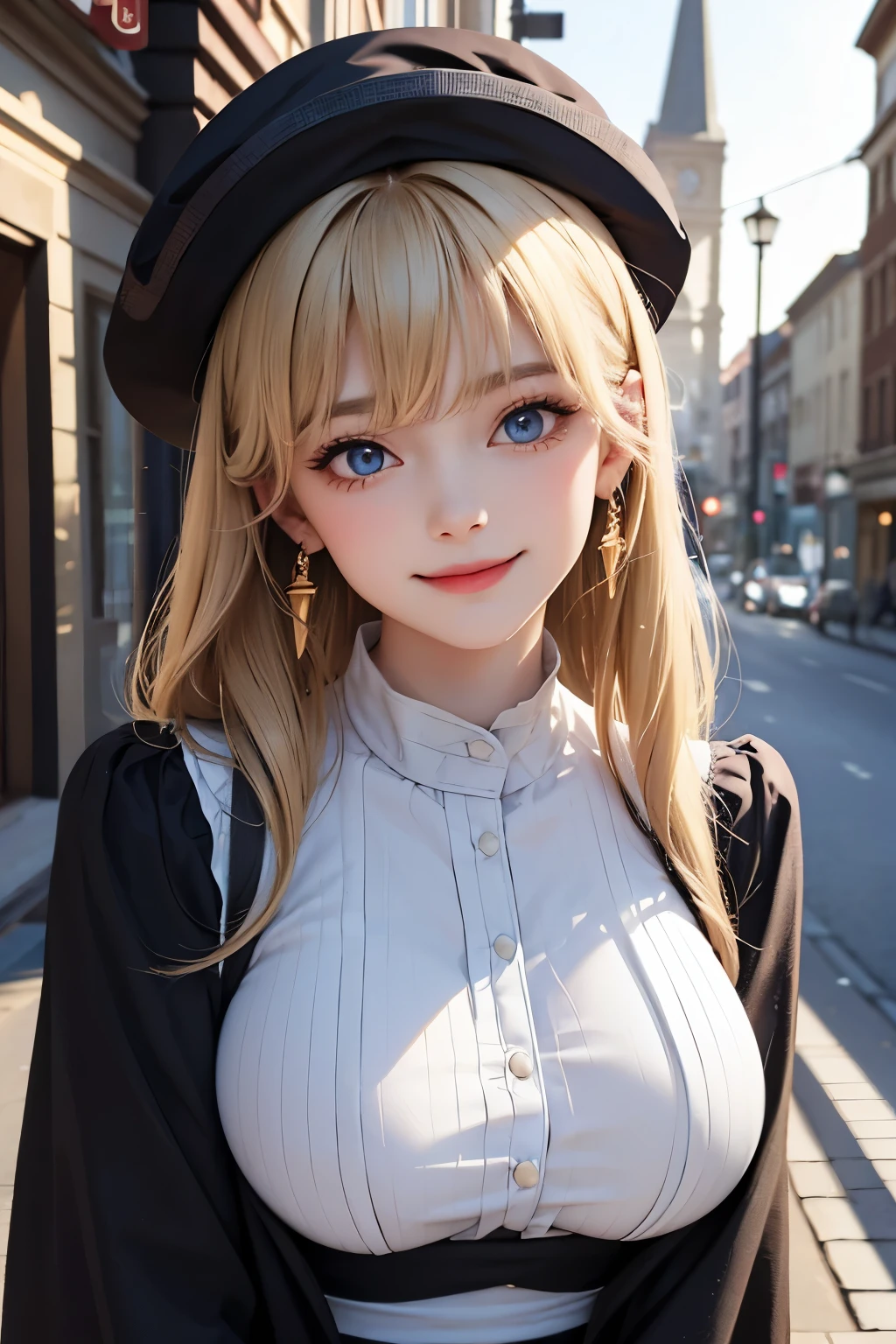 detailed face, cute face, master piece , best quality , woman , bowler hat , bangs , smile , outdoor, Shiny platinum blonde silky hair, side locks, beautiful shiny bangs, big clear sky blue eyes, very beautiful light eye highlights, earrings