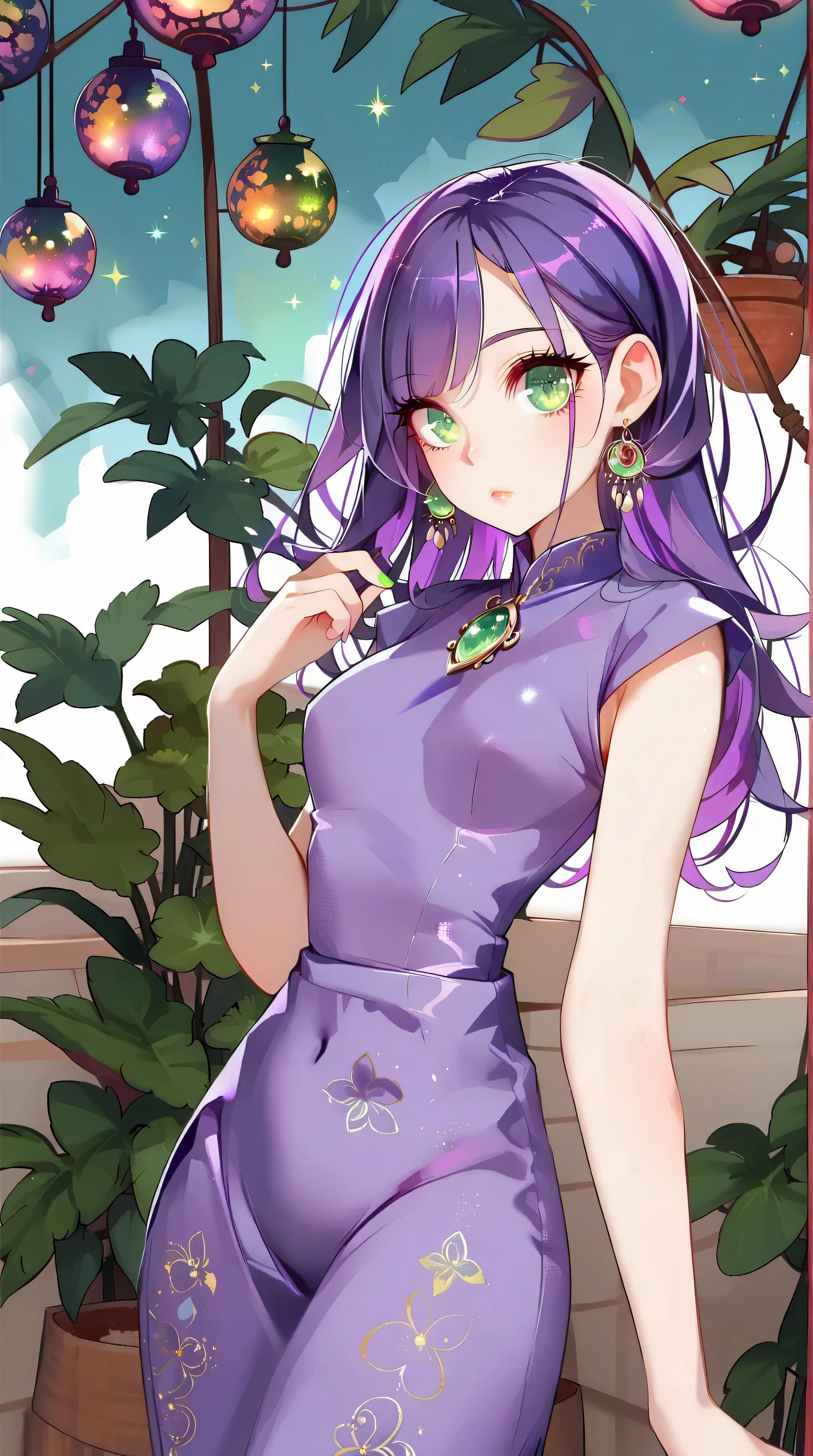 Asian girl, purple hair, purple cheongsam, hand-drawn illustration, background with vibrant colors and unique touches, statice、Gypsophila、sweet pea、ulzzang, big green sparkling eyes like gemstones, thin waist, big hips, 
