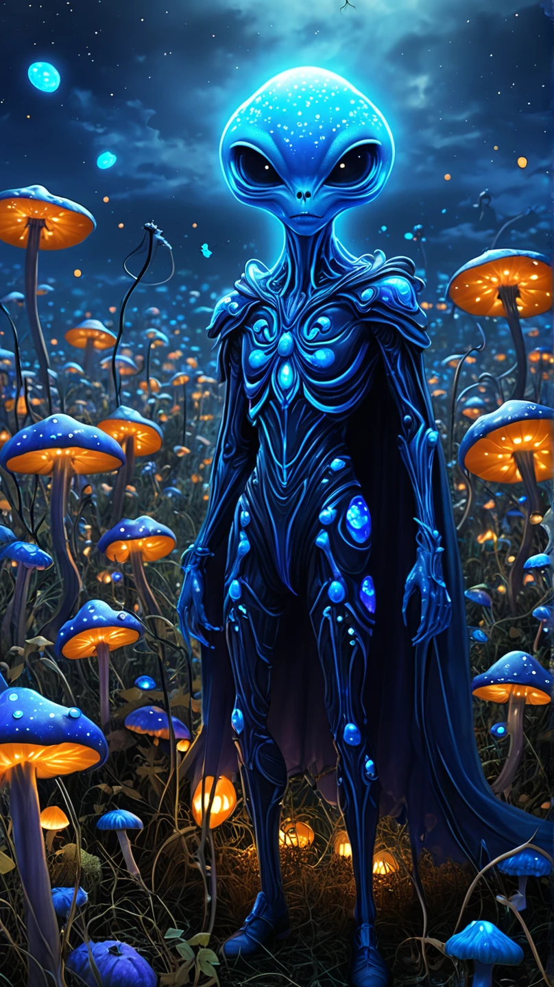 Portray Detailed description of the :
General Theme:  A blue alien in a field of bioluminescent mushrooms ,  scene with a mystical anime-style Halloween atmosphere, Image in 9 format:16.

Main character:

Blue alien: bright light,  of an ethereal blue that emits a soft glow .  big shiny eyes  ( maybe green or purple ).  Antennas or appendages subtly decorated with small Halloween props,  like cobwebs or tiny pumpkins .
It lasts:  Torn clothes, estilo fantasia de Halloween,  like a black cape or a bat tiara .
scenario:

mushroom field:  Large bioluminescent mushrooms in shades of blue , purple and green.  Some have skull patterns or ghosts shining in them .
Outside: take the key, silver and shiny ,  with translucent clouds ,  creating a magical atmosphere .
Adereços de Halloween:  Small illuminated pumpkins and bats flying in the background .
atmospheric climate:

 A fine mist hangs over the ground .
starry sky,  with a dark blue hue , almost black.
Pulsating lights from mushrooms ,  subtly illuminating the alien's face .