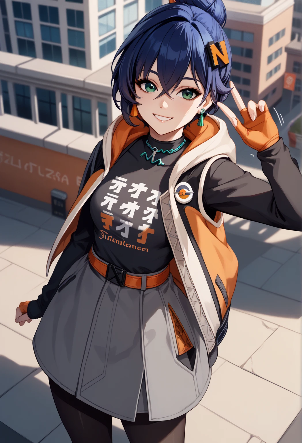  score_9,  score_8_above,  score_7_above,   source  _animated, Alone, 1 girl, zzzb3lle , smile,  looking at you , standing, Shaking,  arm behind the back,  long hair,  winked blue hair,  bun, Crossed bangs,  hair ornament, Pasador,  green eyes,  hooded jacket ,  open jacket ,  black shirt, clothes writing,  long sleeves, orange gloves,  fingerless gloves, gray skirt,  orange belt ,  tall black tights, unique high thigh , earrings, collar, outdoors, city
