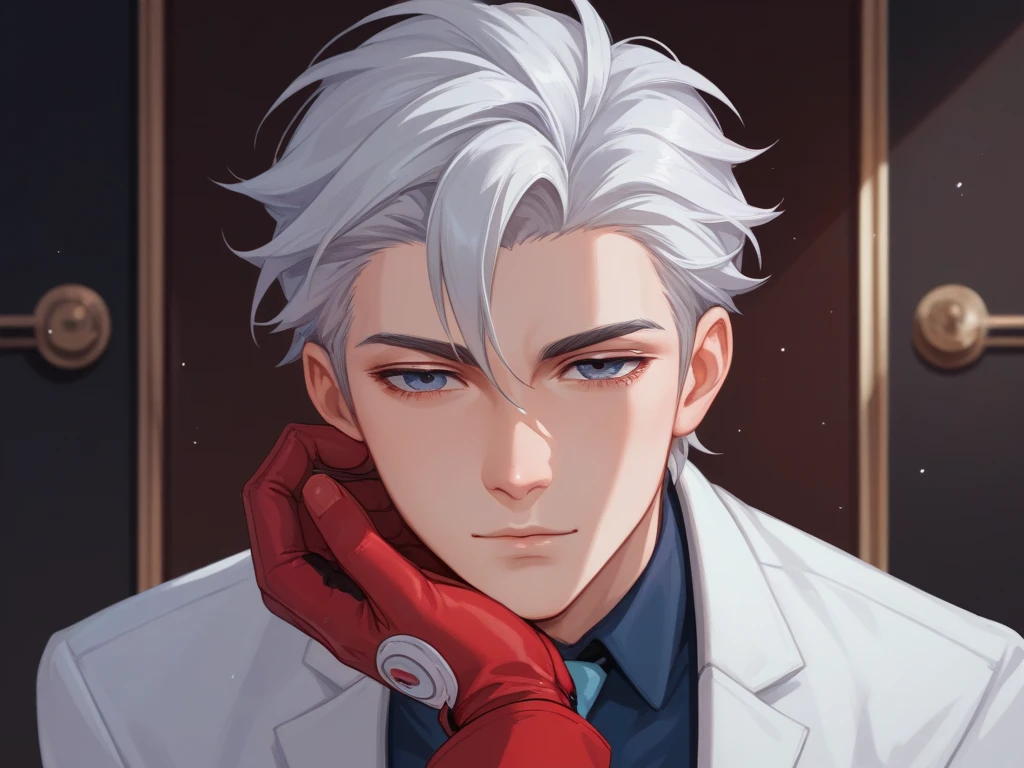 surgery pov,  anime-styled picture.  scene., pov male doctor looking down at you, beautiful yandere male doctor humanoid figure of full length,  upper torso and shoulders, and focus on hands in gloves, with white short hair, smooth silicon face, staring at you, red  detailed tired eyes with round, dark romance