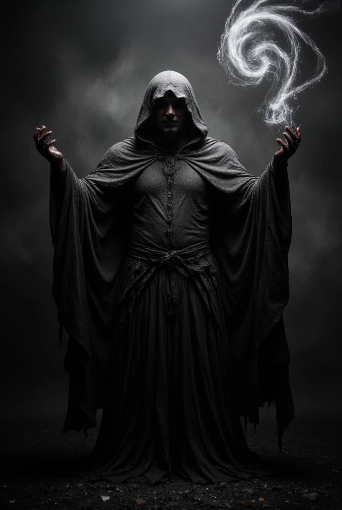 This is a dramatic, CGI-generated image depicting a powerful, mystical scene steeped in void-like darkness. The central figure is an imposing, hooded entity, draped in a tattered cloak that billows eerily around them, as if alive with the essence of shadow itself. Their face remains obscured by the deep shadows of the hood, enhancing the enigmatic and ominous atmosphere. As they stand with arms raised and hands open, a swirling mass of void energy radiates from their fingertips, distorting the surrounding darkness and hinting at their immense control over the chaotic forces of the abyss that swirl around them, pulling in light and matter alike.