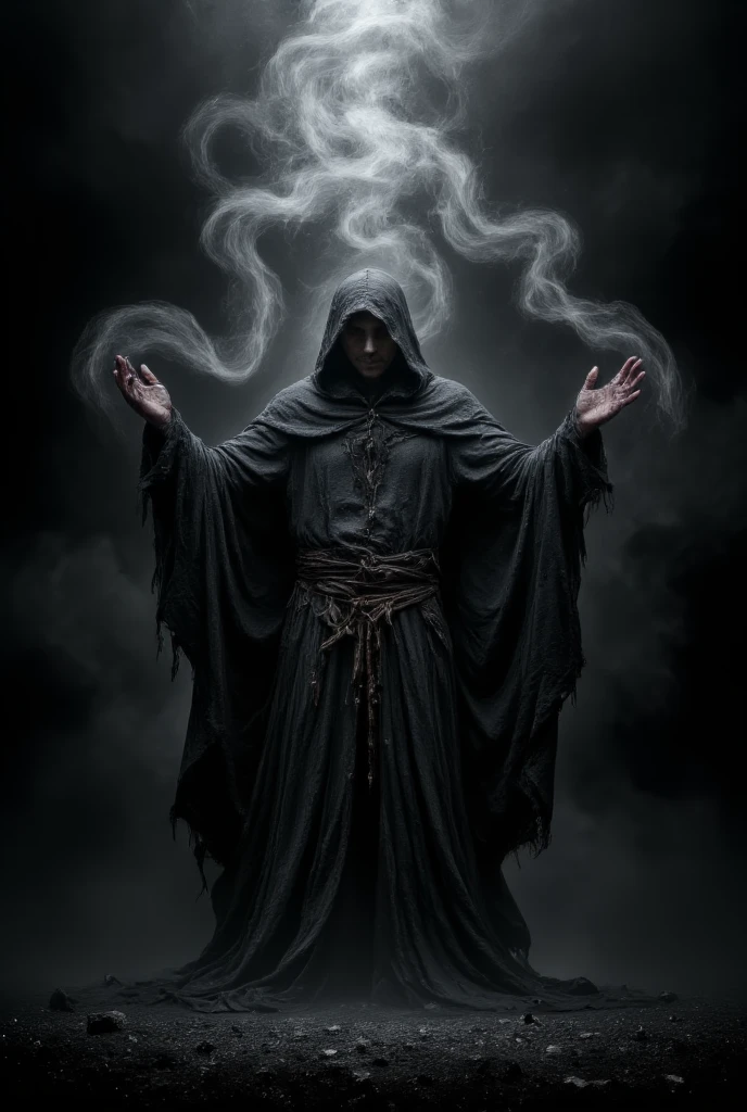 This is a dramatic, CGI-generated image depicting a powerful, mystical scene steeped in void-like darkness. The central figure is an imposing, hooded entity, draped in a tattered cloak that billows eerily around them, as if alive with the essence of shadow itself. Their face remains obscured by the deep shadows of the hood, enhancing the enigmatic and ominous atmosphere. As they stand with arms raised and hands open, a swirling mass of void energy radiates from their fingertips, distorting the surrounding darkness and hinting at their immense control over the chaotic forces of the abyss that swirl around them, pulling in light and matter alike.