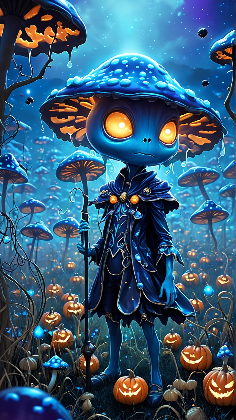 Portray Detailed description of the :
General Theme:  A blue alien in a field of bioluminescent mushrooms ,  scene with a mystical anime-style Halloween atmosphere, Image in 9 format:16.

Main character:

Blue alien: bright light,  of an ethereal blue that emits a soft glow .  big shiny eyes  ( maybe green or purple ).  Antennas or appendages subtly decorated with small Halloween props,  like cobwebs or tiny pumpkins .
It lasts:  Torn clothes, estilo fantasia de Halloween,  like a black cape or a bat tiara .
scenario:

mushroom field:  Large bioluminescent mushrooms in shades of blue , purple and green.  Some have skull patterns or ghosts shining in them .
Outside: take the key, silver and shiny ,  with translucent clouds ,  creating a magical atmosphere .
Adereços de Halloween:  Small illuminated pumpkins and bats flying in the background .
atmospheric climate:

 A fine mist hangs over the ground .
starry sky,  with a dark blue hue , almost black.
Pulsating lights from mushrooms ,  subtly illuminating the alien's face .