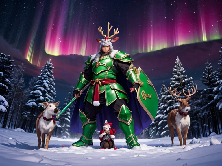 A snowy nighttime fantasy scene featuring three unique warriors standing atop a hill. Above them, the aurora borealis lights up the starry sky in vibrant greens and purples. In the distance, a cozy, snow-covered village is visible with a large, glowing Christmas tree as its centerpiece.

The Santa Warrior wears red armor with intricate white patterns, holding a golden sword that gleams in the soft aurora light. The Elf Mage, clad in green armor with red and white details, summons swirling snowflakes with a candy cane-shaped staff that radiates magical energy. The Reindeer Barbarian, a massive figure in rugged brown armor with antler-like decorations, stands powerfully with a colossal axe resting on the ground, sending cracks through the snowy surface.

The hill is dusted with fresh snow, and the characters' poses exude determination and holiday spirit, their glowing weapons and magic contrasting against the cool, icy landscape.