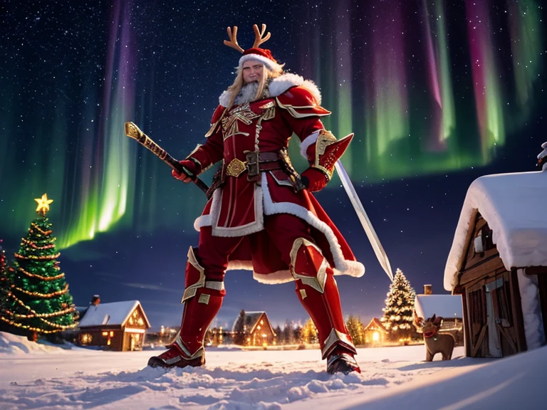 A snowy nighttime fantasy scene featuring three unique warriors standing atop a hill. Above them, the aurora borealis lights up the starry sky in vibrant greens and purples. In the distance, a cozy, snow-covered village is visible with a large, glowing Christmas tree as its centerpiece.

The Santa Warrior wears red armor with intricate white patterns, holding a golden sword that gleams in the soft aurora light. The Elf Mage, clad in green armor with red and white details, summons swirling snowflakes with a candy cane-shaped staff that radiates magical energy. The Reindeer Barbarian, a massive figure in rugged brown armor with antler-like decorations, stands powerfully with a colossal axe resting on the ground, sending cracks through the snowy surface.

The hill is dusted with fresh snow, and the characters' poses exude determination and holiday spirit, their glowing weapons and magic contrasting against the cool, icy landscape.