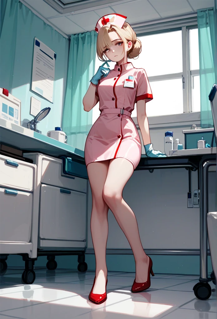 score_9_up, score_8_up, score_7_up, 1girl, solo, source_anime, hourglass figure, Big breasts, kemonomimi, bear ears, brown hair, short hair, messy_hair, blue eyes BREAK freckles, (nurse), pink dress, nurse cap, sitting on chair, indoors, looking at viewer, smile, closed mouth,, pink thighhighs, red heels, high heels