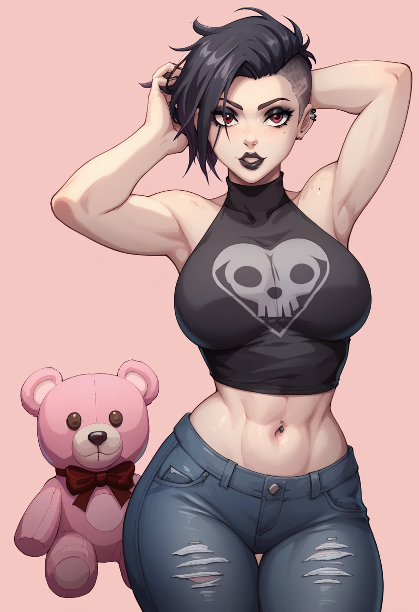 Sexy girl, thick body, goth, pixie cut, black hair,short hair, freckles, brown eyes, original caracther, sexy body, big breast, big butt, sexy, , goth, gotic, black lipstick, nude, simple hair, pale skin, , simple art, sexy, sexy body, , s, Short round hair, black sleeveless shirt, blue jeans, pixie round cut, sexy pose, femenine pose, front view, strange expresion, hold a pink teddy bear