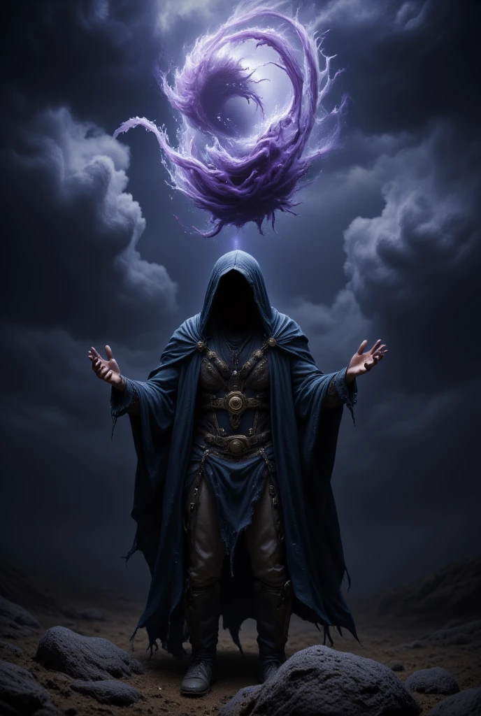 This is a dramatic, CGI-generated image depicting a powerful, mystical scene steeped in void-like darkness. The central figure is an imposing, hooded entity, draped in a tattered cloak that billows eerily around them, as if alive with the essence of shadow itself. Their face remains obscured by the deep shadows of the hood, enhancing the enigmatic and ominous atmosphere. As they stand with arms raised and hands open, a swirling mass of void energy radiates from their fingertips, distorting the surrounding darkness and hinting at their immense control over the chaotic forces of the abyss that swirl around them, pulling in light and matter alike.