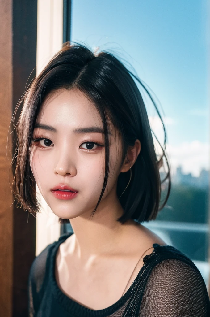 ITZY Ryujin, 1girl, solo, realistic, looking at viewer, photograph, photorealistic, beautiful and aesthetic, extremely detailed skin, extremely detailed hair, shadows, masterpiece, top quality, best quality, highres, ultra-high res, ultra-detailed, detailed lighting, high key lighting, vignetting,